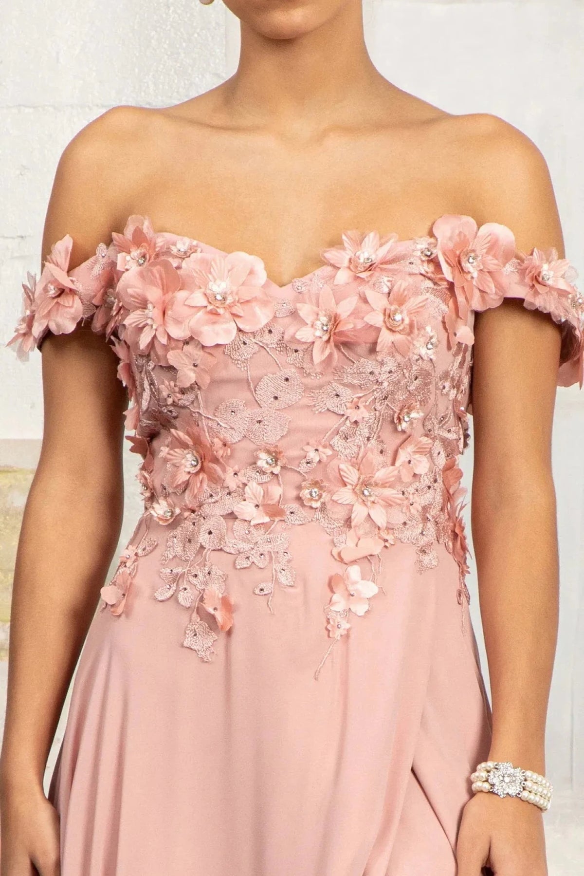 Dusty Rose sweetheart prom evening dress upper front with applique, embroidery, jewel