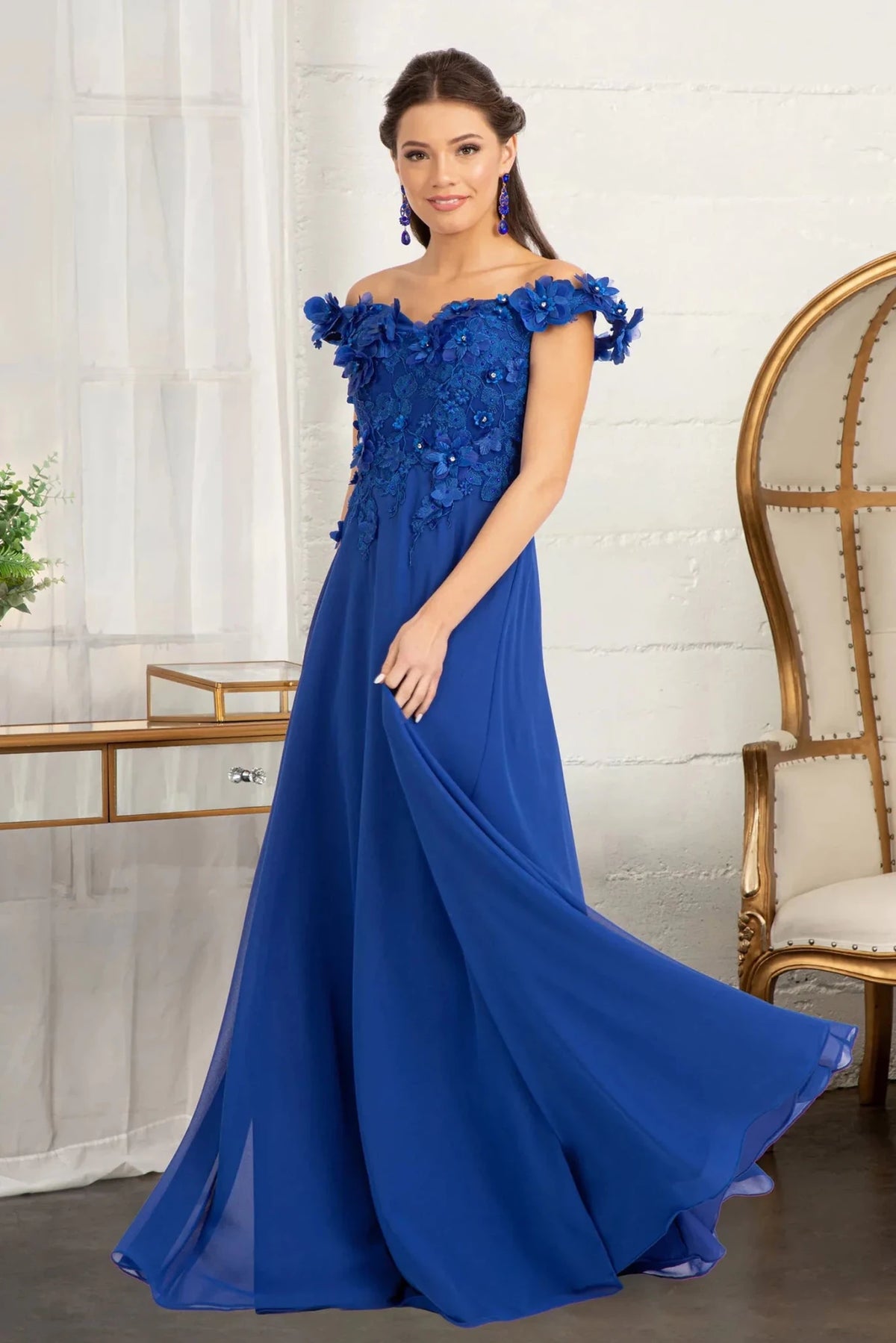 Royal Blue appliqué off-shoulder prom evening dress full front