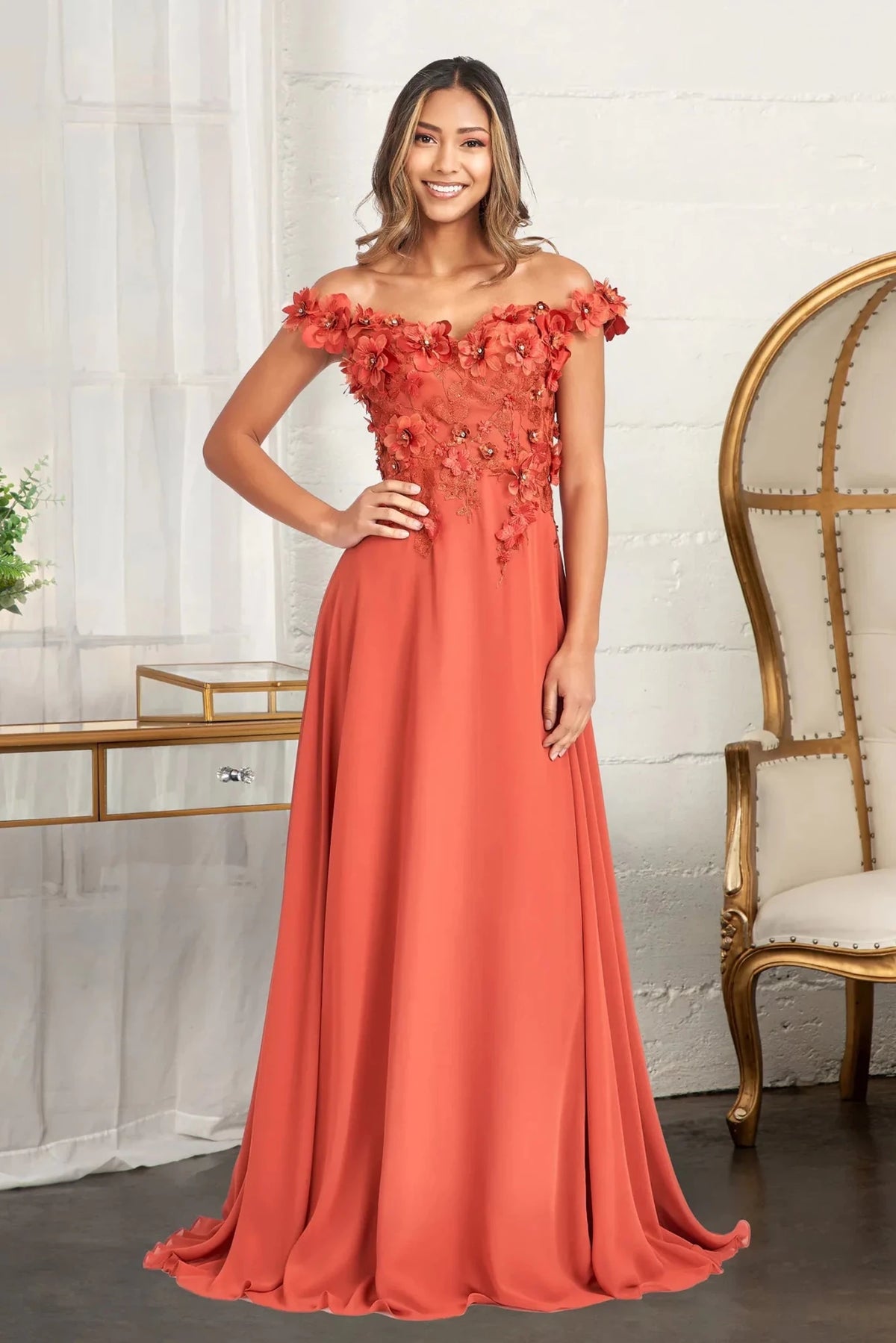 Sienna appliqué off-shoulder prom evening dress full front