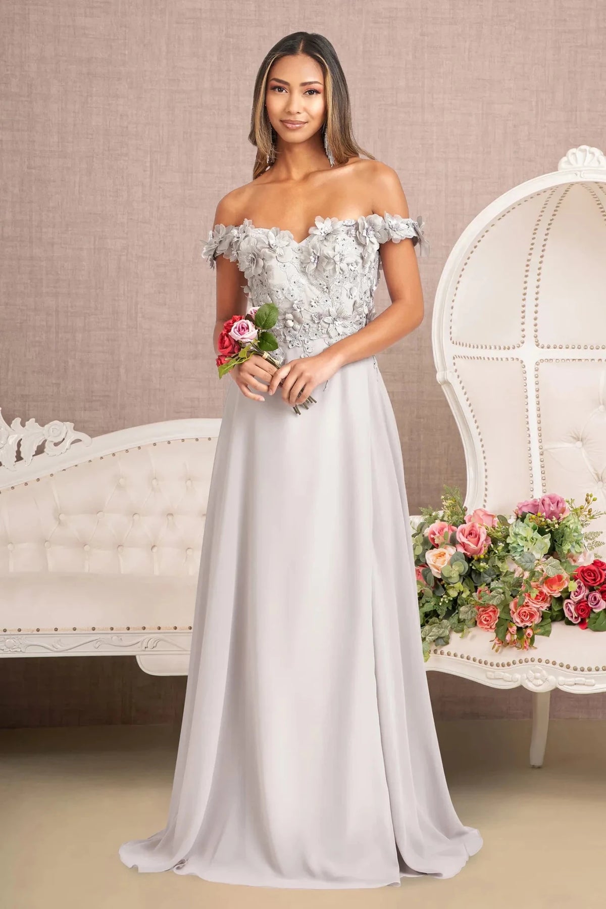Silver appliqué off-shoulder prom evening dress full front