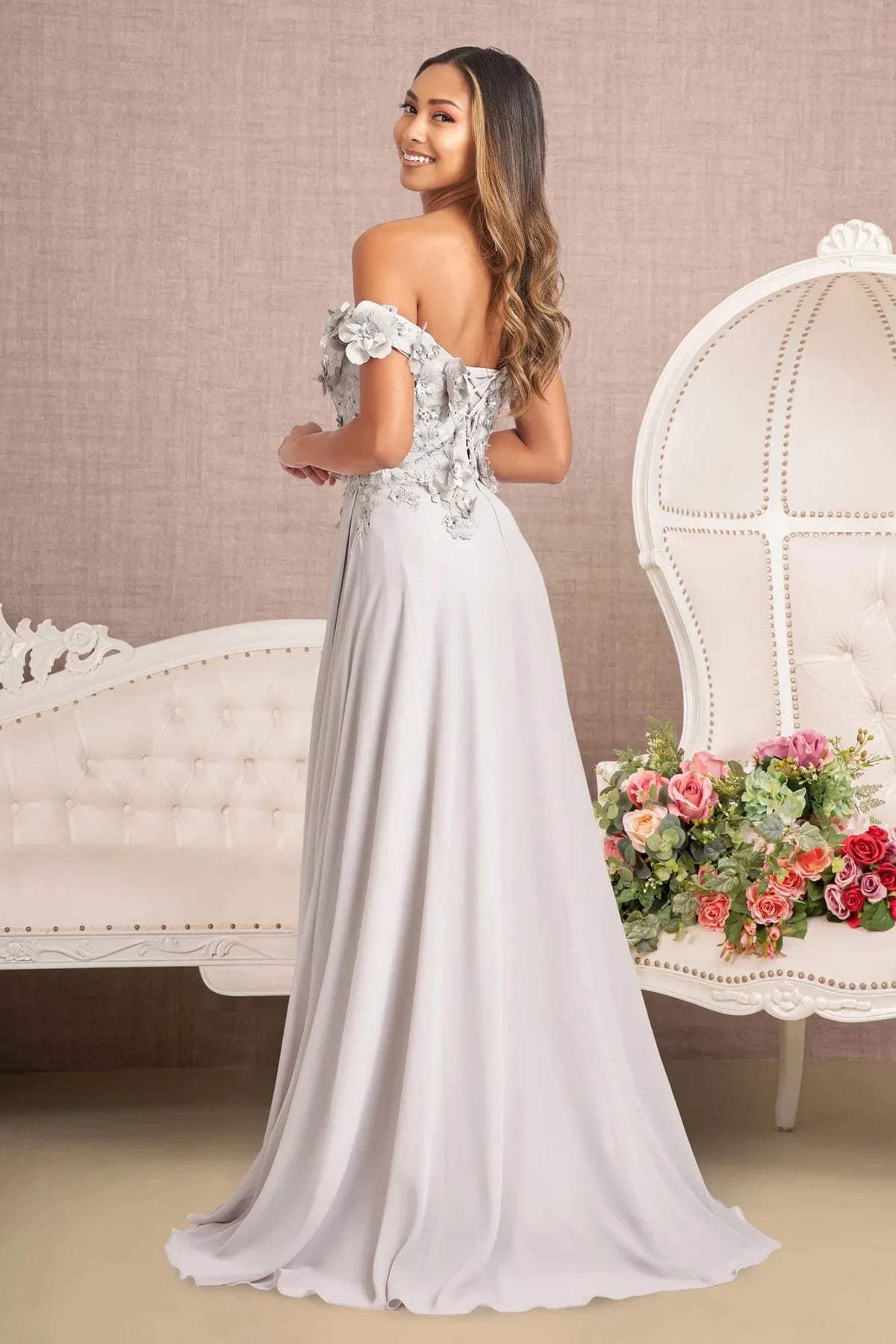 Silver prom evening dress full back with back detail