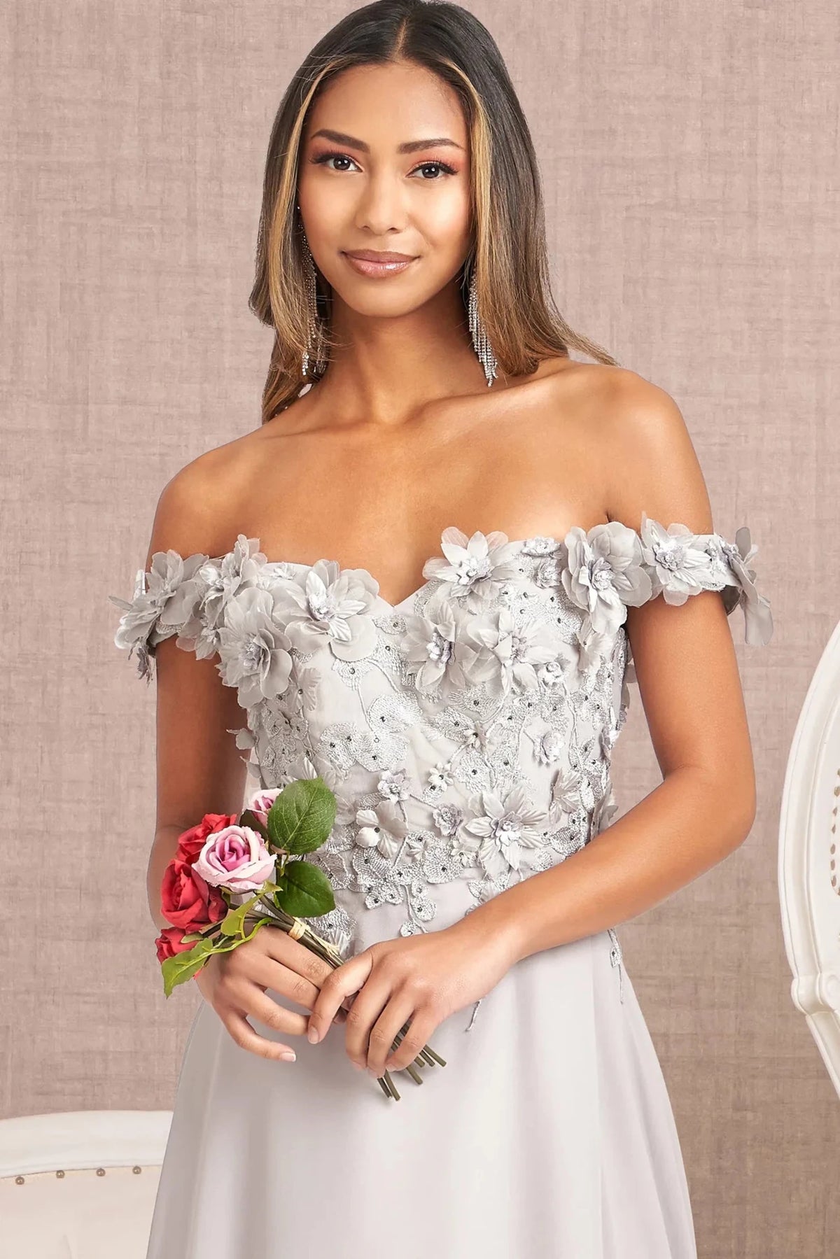 Silver sweetheart prom evening dress upper front with applique, embroidery, jewel