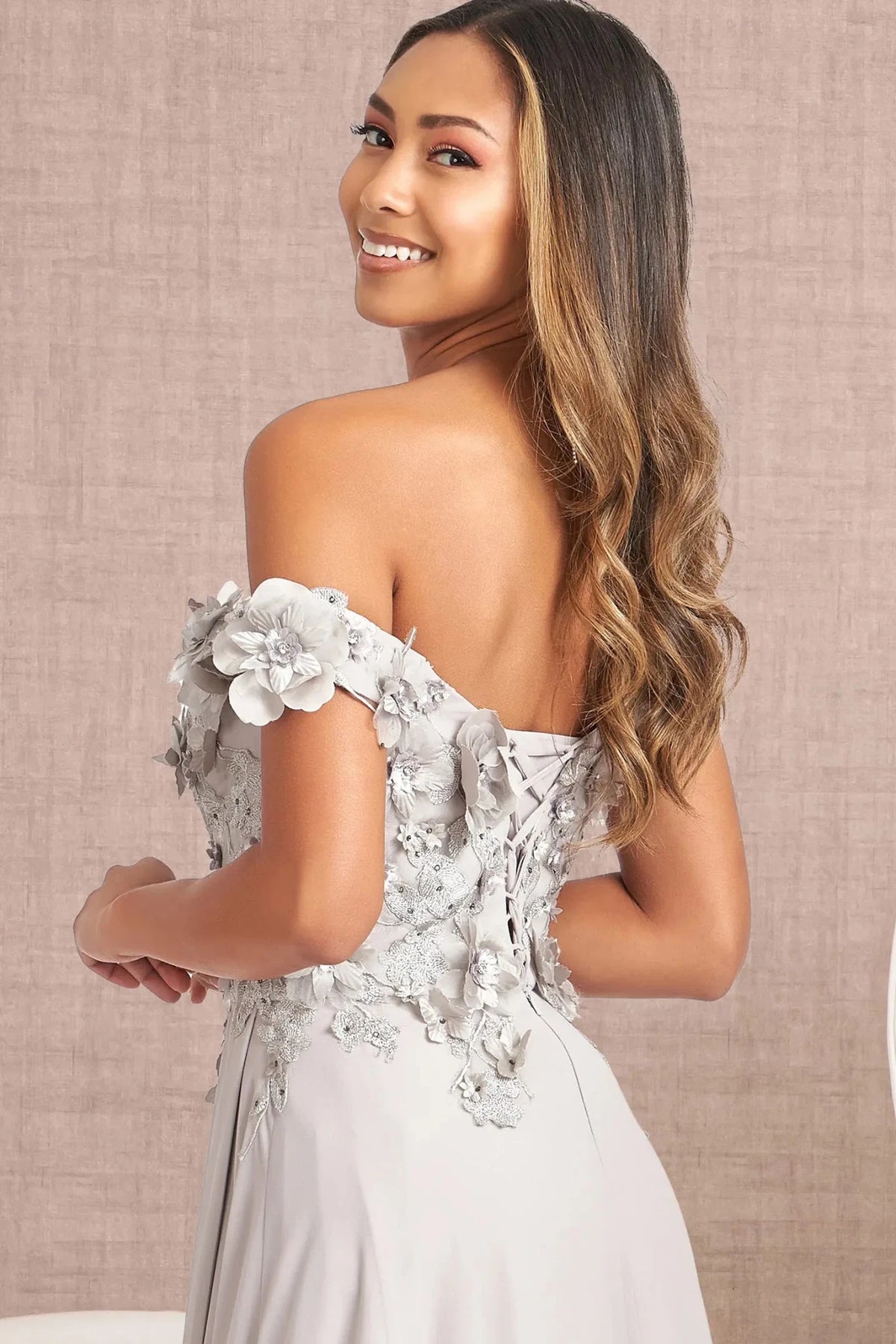 Silver prom evening dress a-line skirt detail