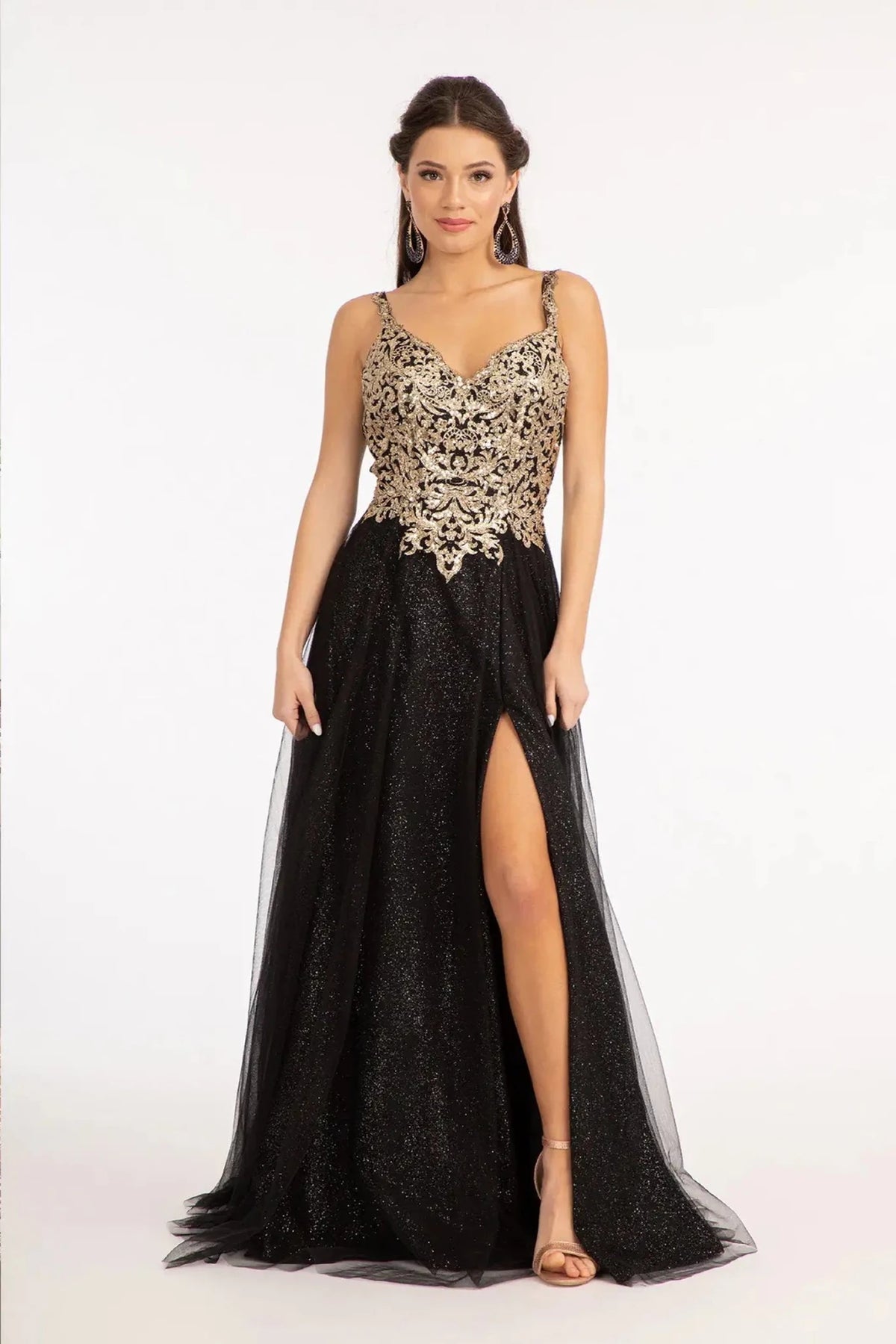 Black sequin prom evening dress full front