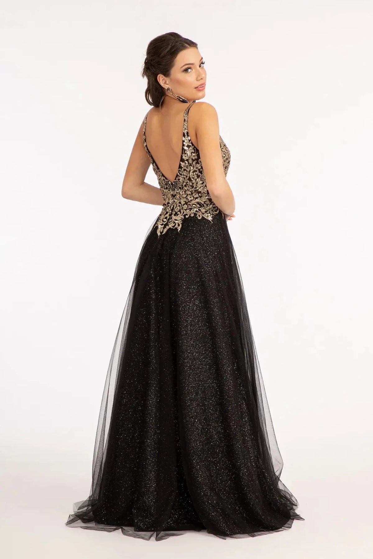 Black prom evening dress full back with open back