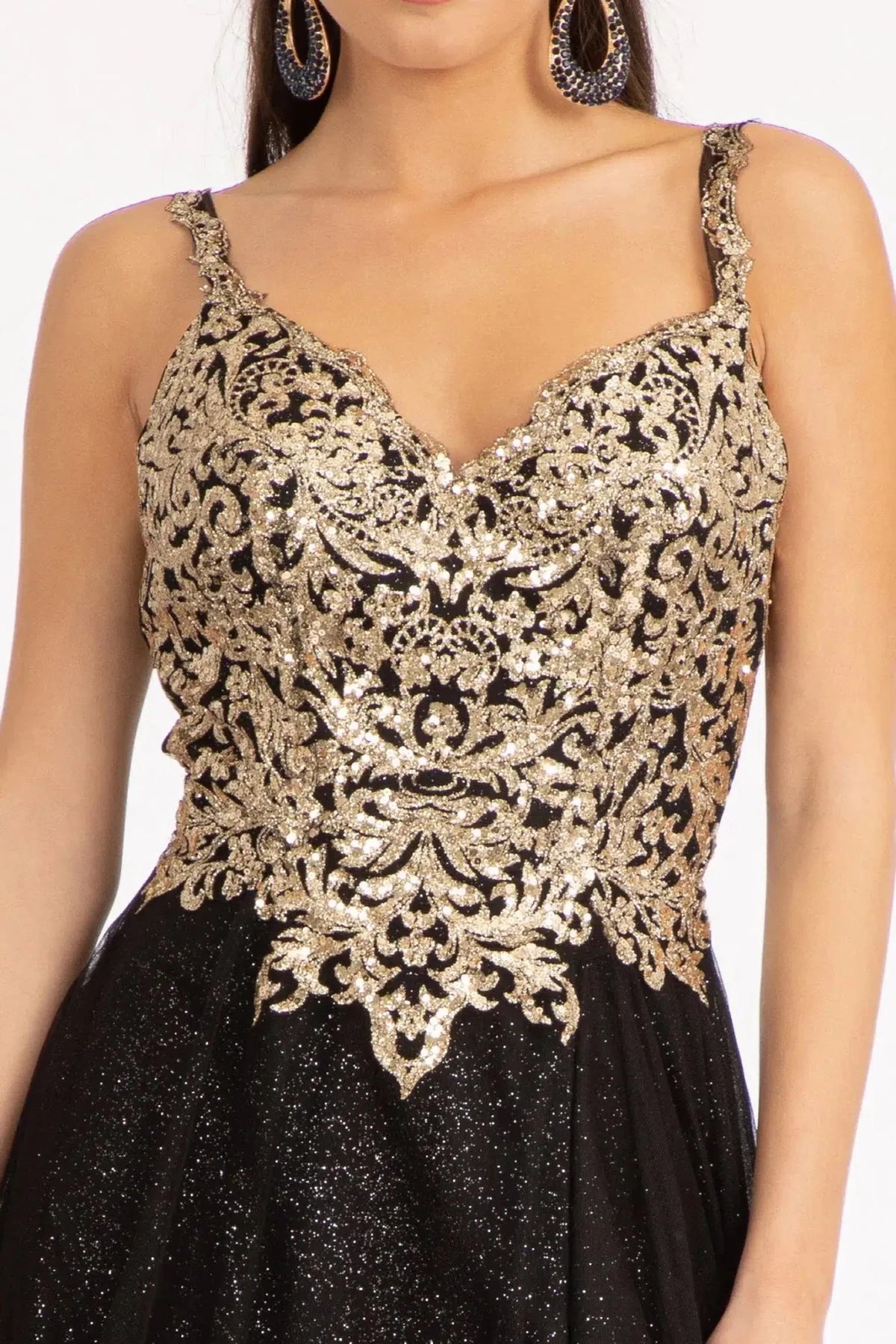 Black v-neck prom evening dress upper front with glitter, sequin
