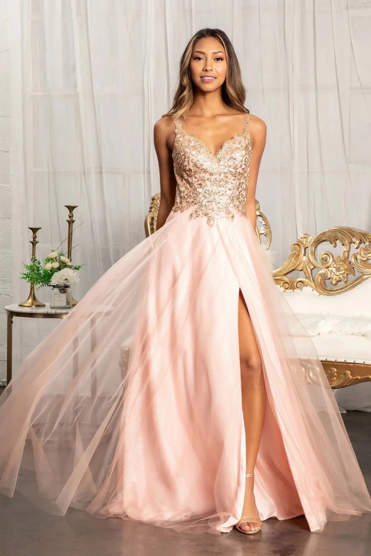 Rose Gold sequin prom evening dress full front