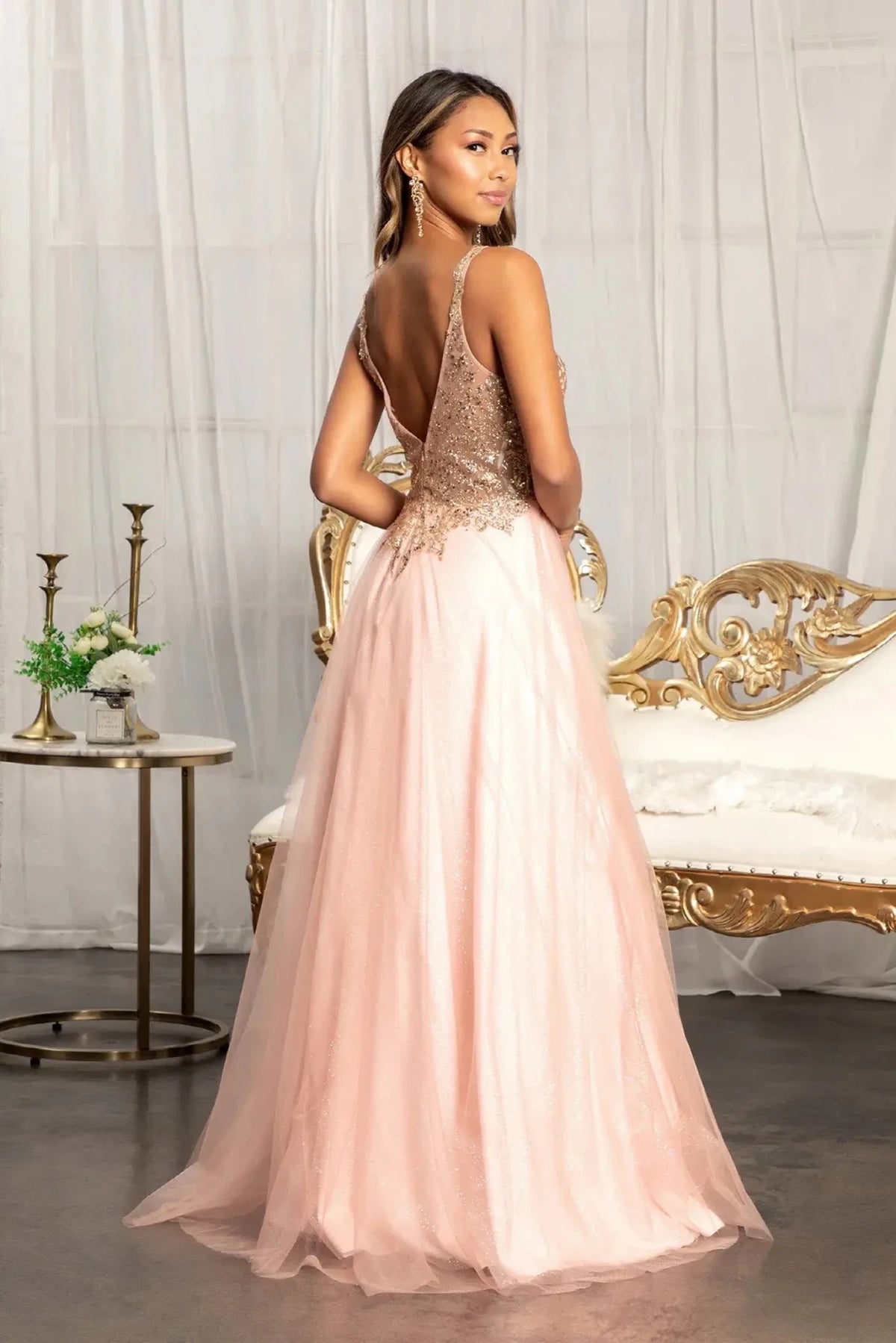 Rose Gold prom evening dress full back with open back
