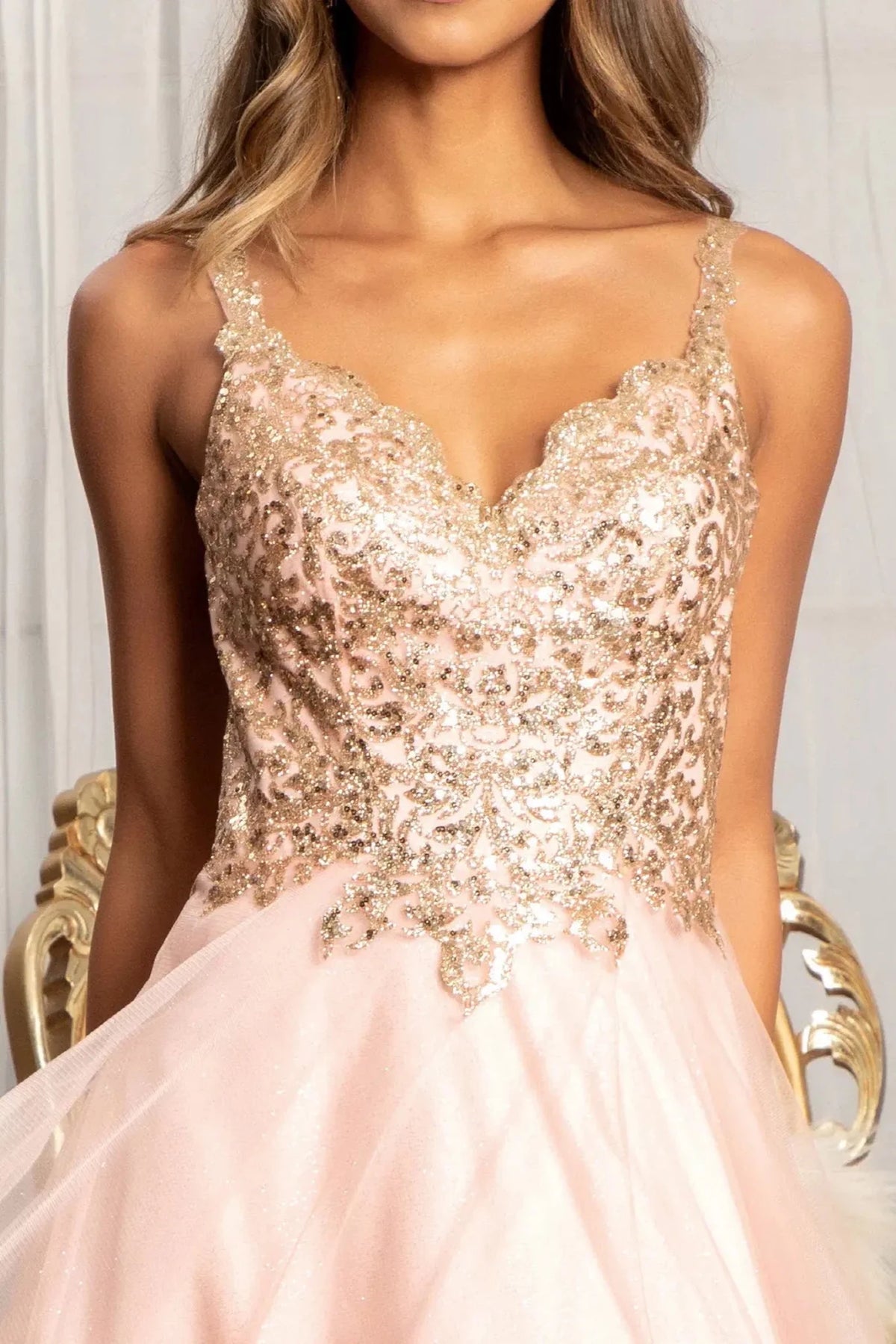 Rose Gold v-neck prom evening dress upper front with glitter, sequin