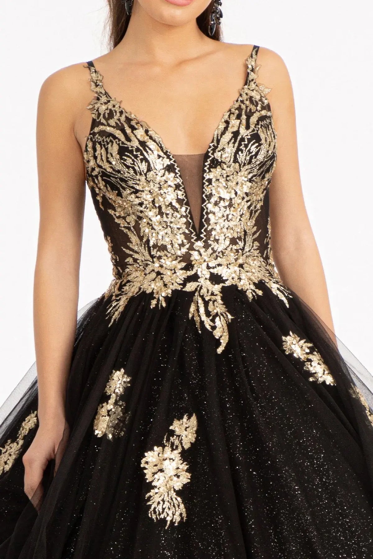 Full-length view presents the Black quinceañera ball gown with sheer sequin bodice.