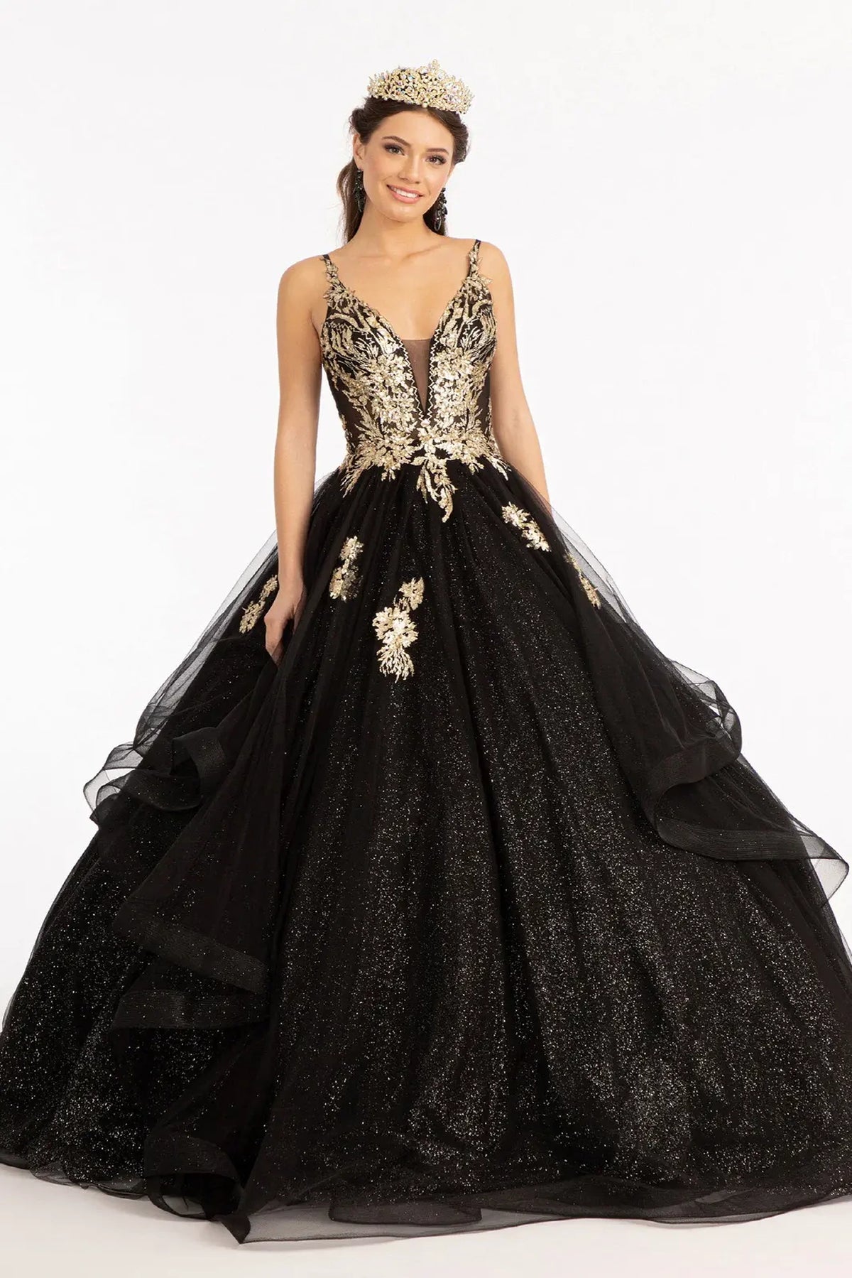 Lace-up back reveals the Black quinceañera ball gown with lace-up back and glitter mesh skirt.
