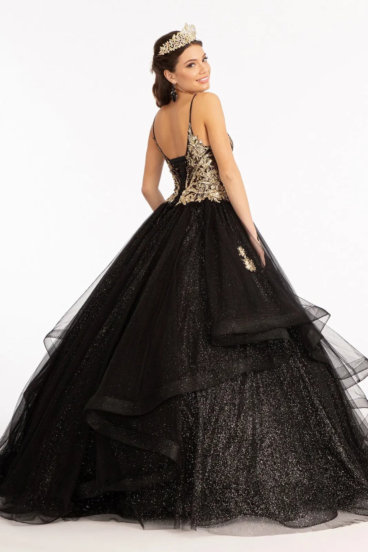 Bodice close-up highlights the Black quinceañera ball gown with glitter mesh skirt.