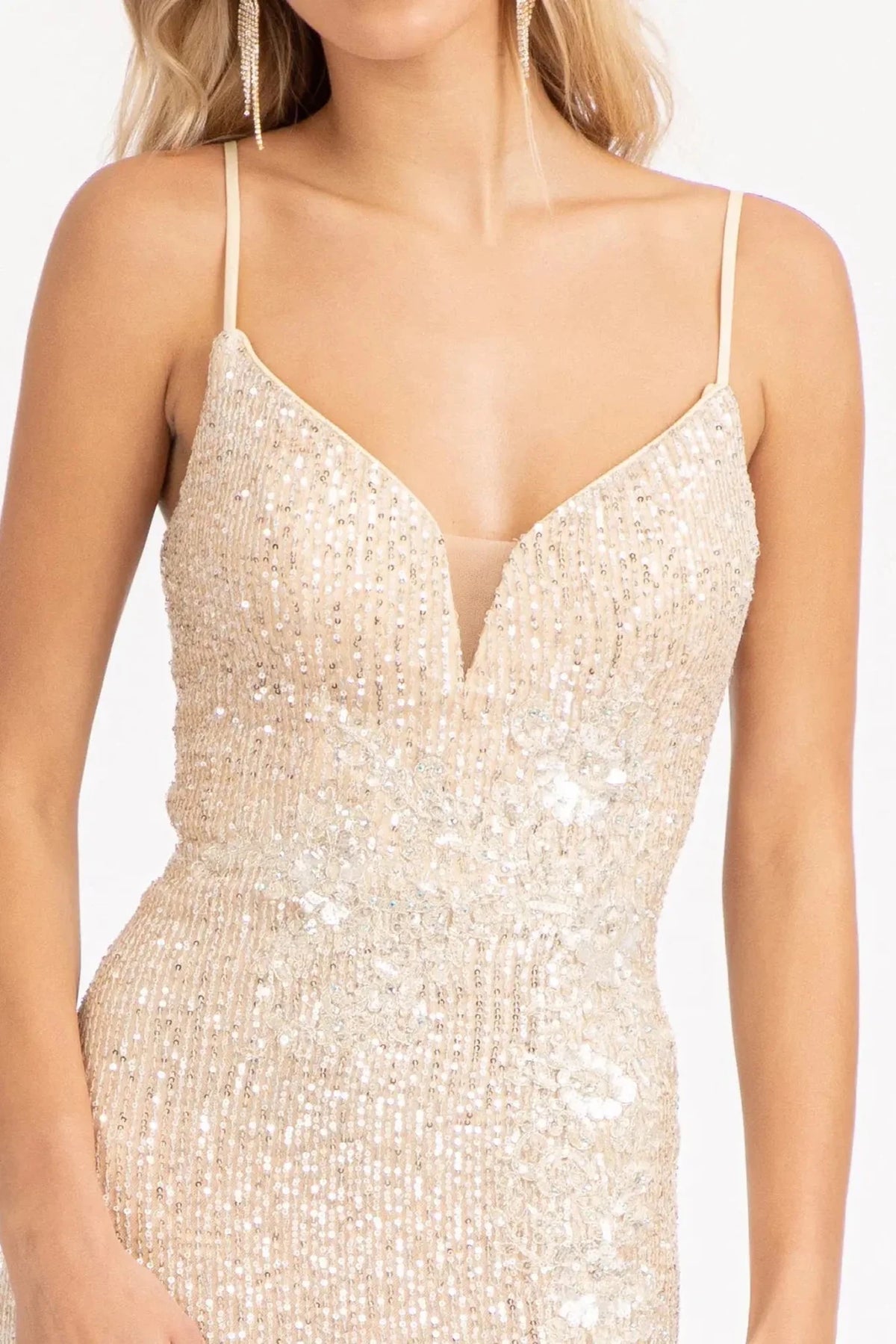 Champagne sweetheart prom evening dress upper front with beads, embroidery, sequin