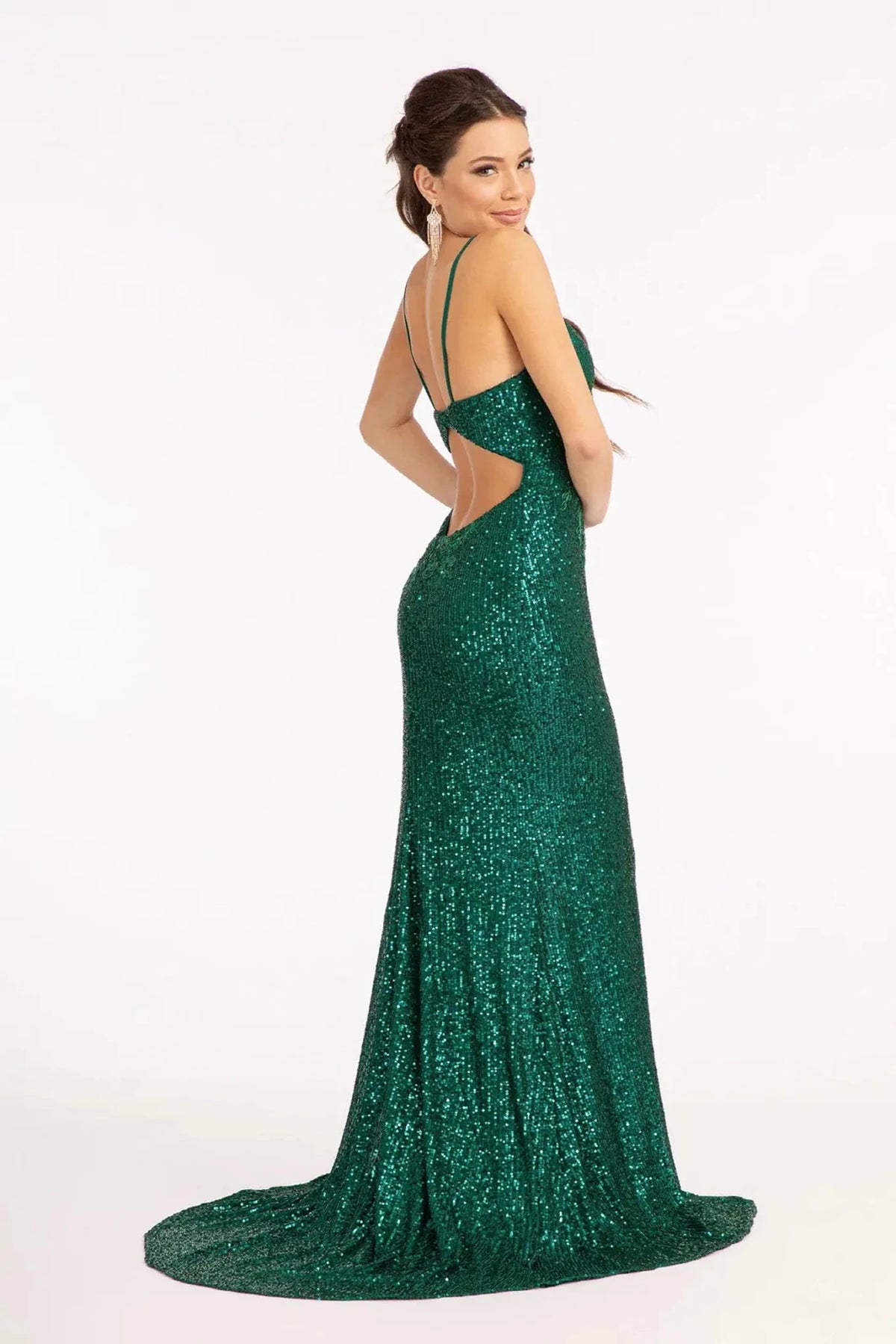 Green prom evening dress full back with back detail