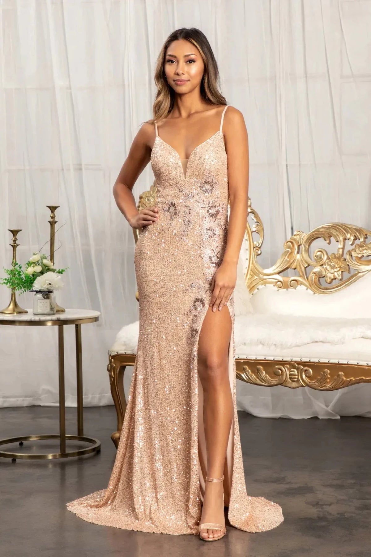 Rose Gold embroidered prom evening dress full front