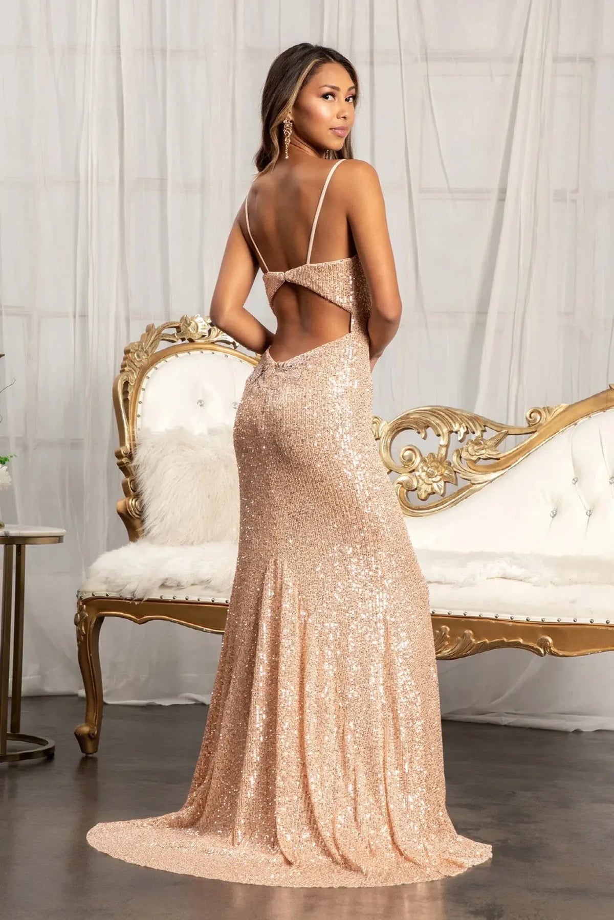 Rose Gold prom evening dress full back with back detail