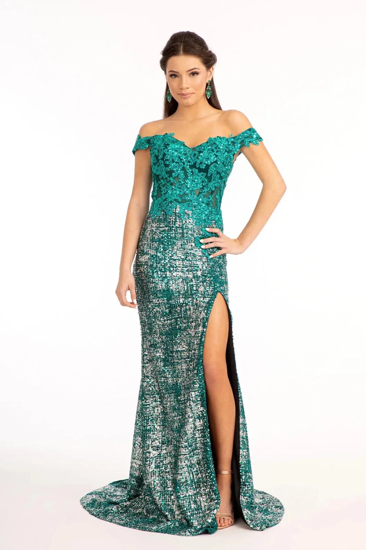 Green embroidered off-shoulder prom evening dress full front