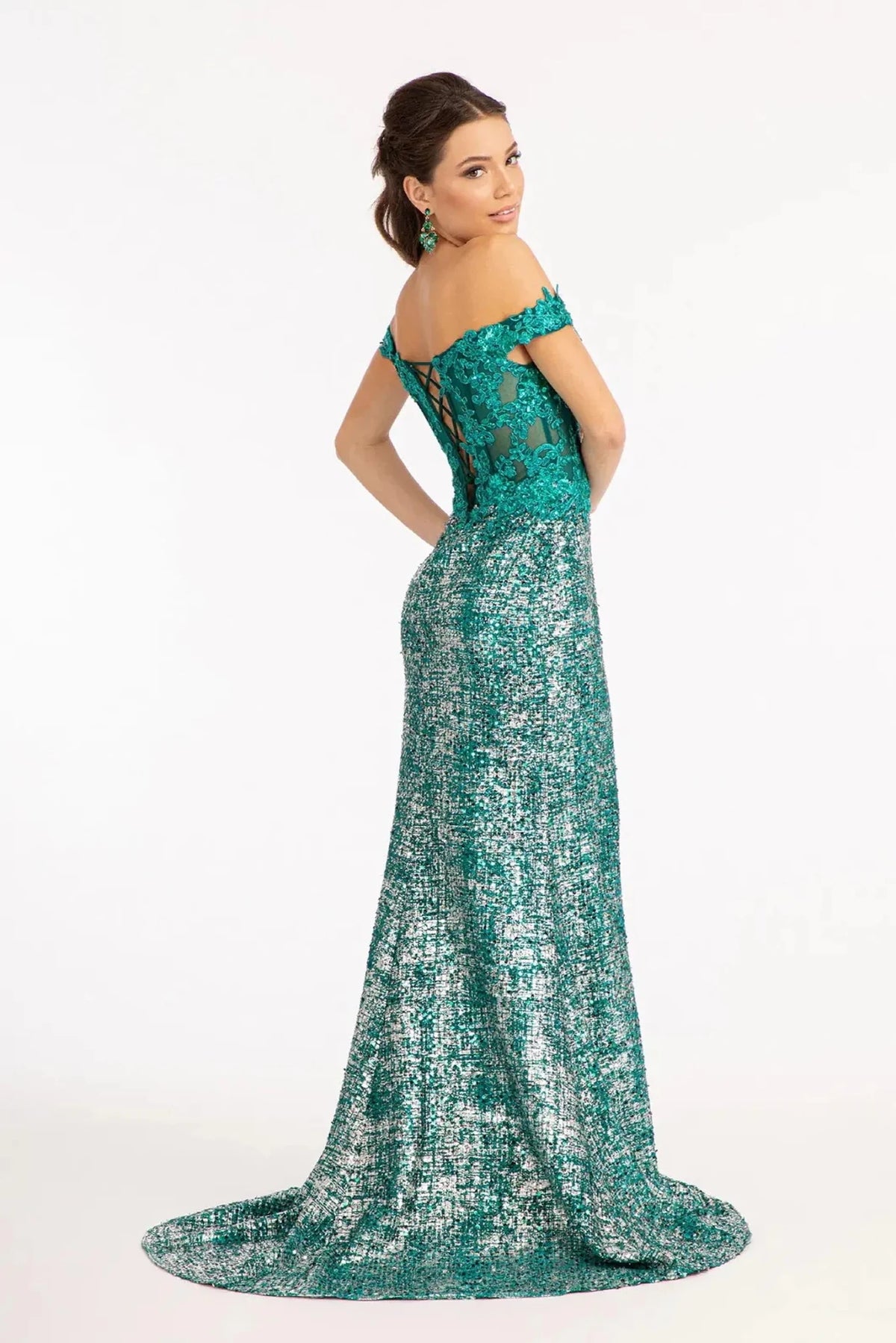 Green prom evening dress full back with lace-up back