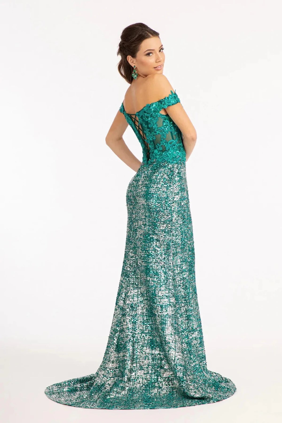 Green prom evening dress off-shoulder bodice detail