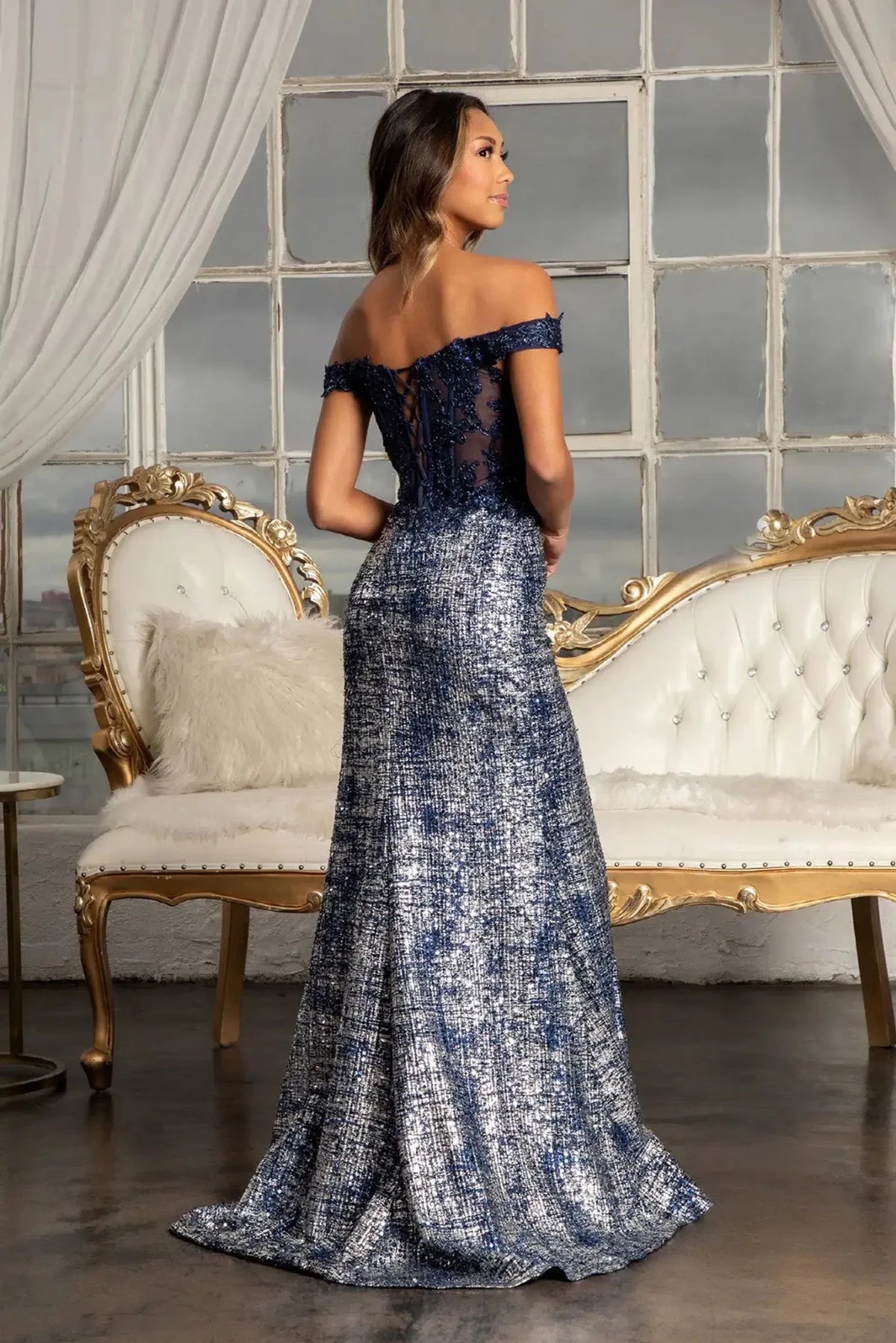 Navy prom evening dress full back with lace-up back