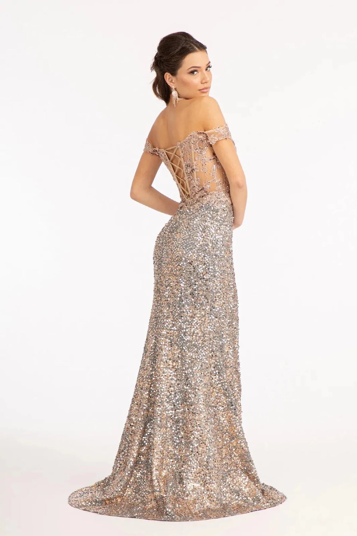Rose Gold prom evening dress full back with lace-up back
