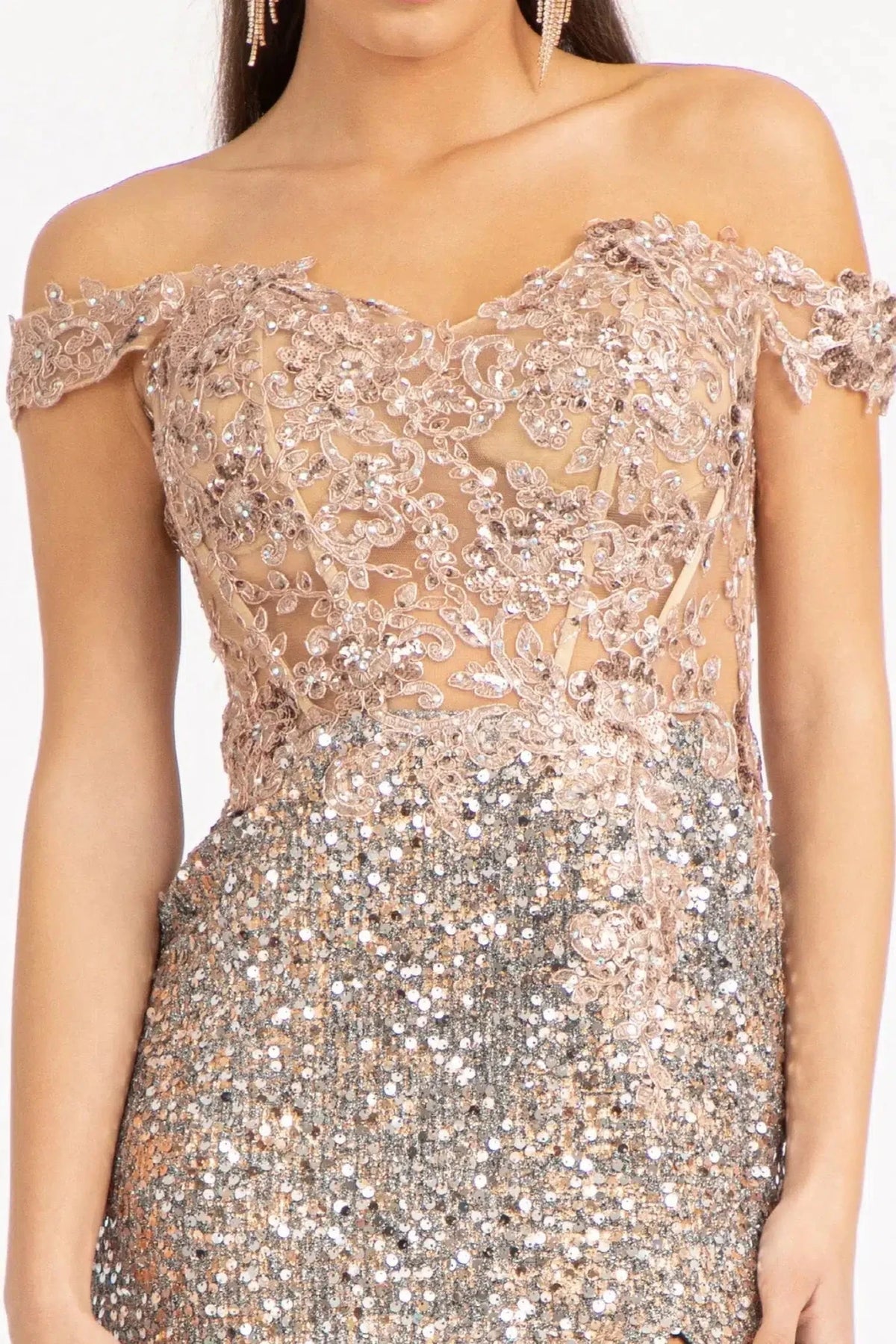 Rose Gold sweetheart prom evening dress upper front with embroidery, sequin