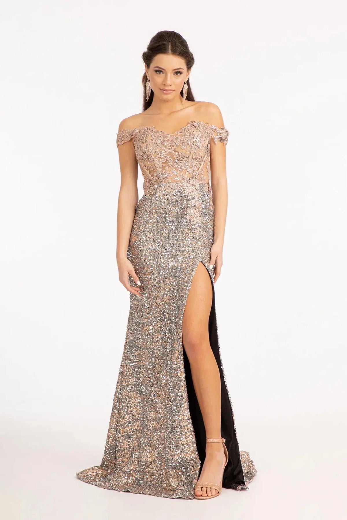 Rose Gold prom evening dress off-shoulder bodice detail