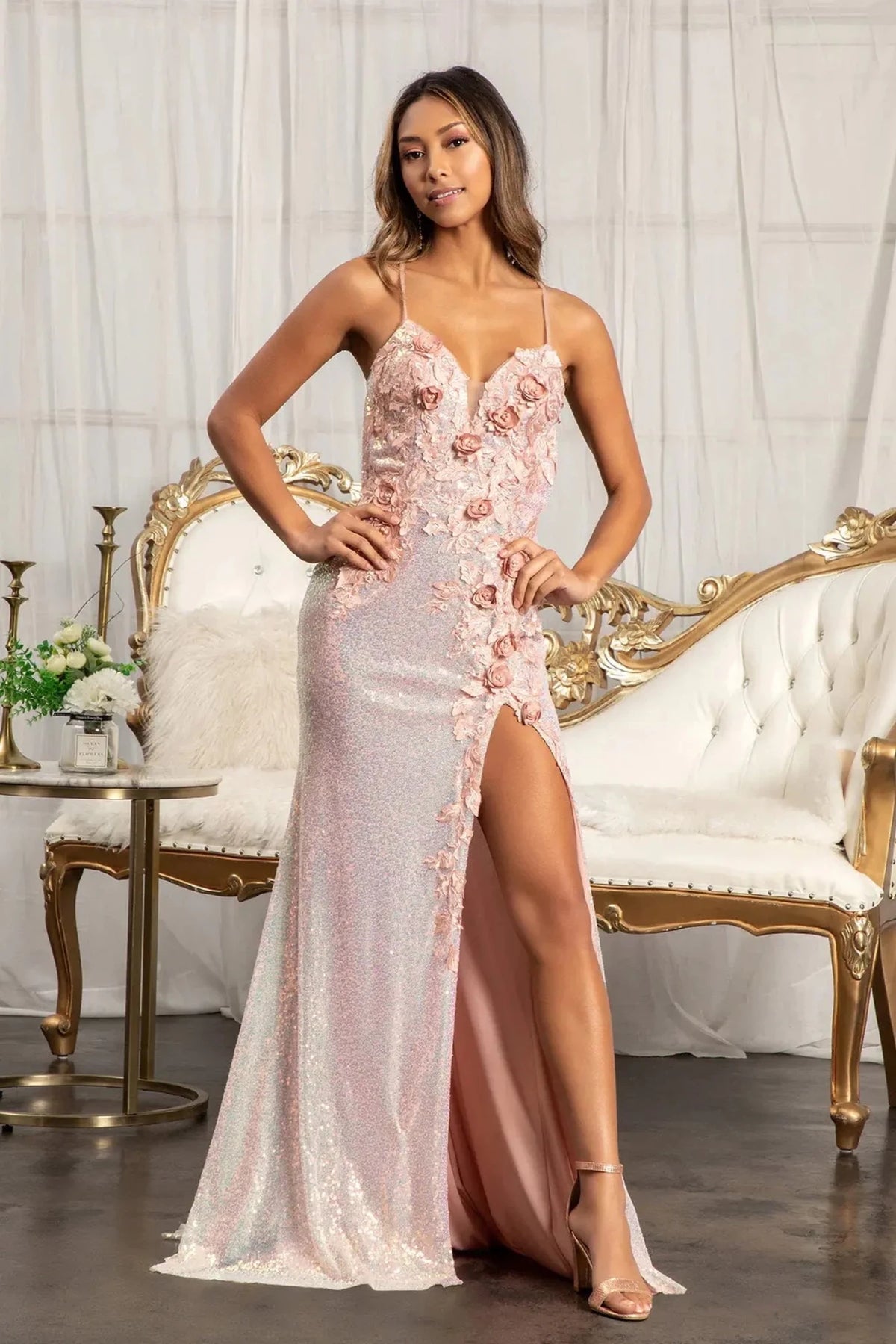 Rose Gold appliqué prom evening dress full front