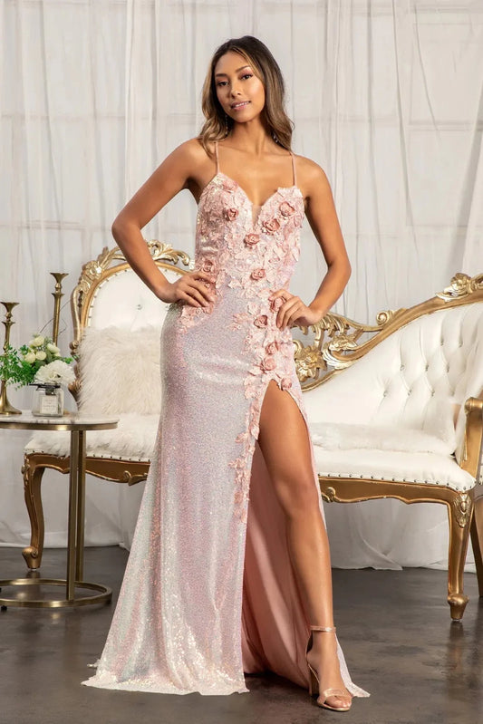 Full-length front view shows appliqué styling on the Rose Gold prom evening dress.