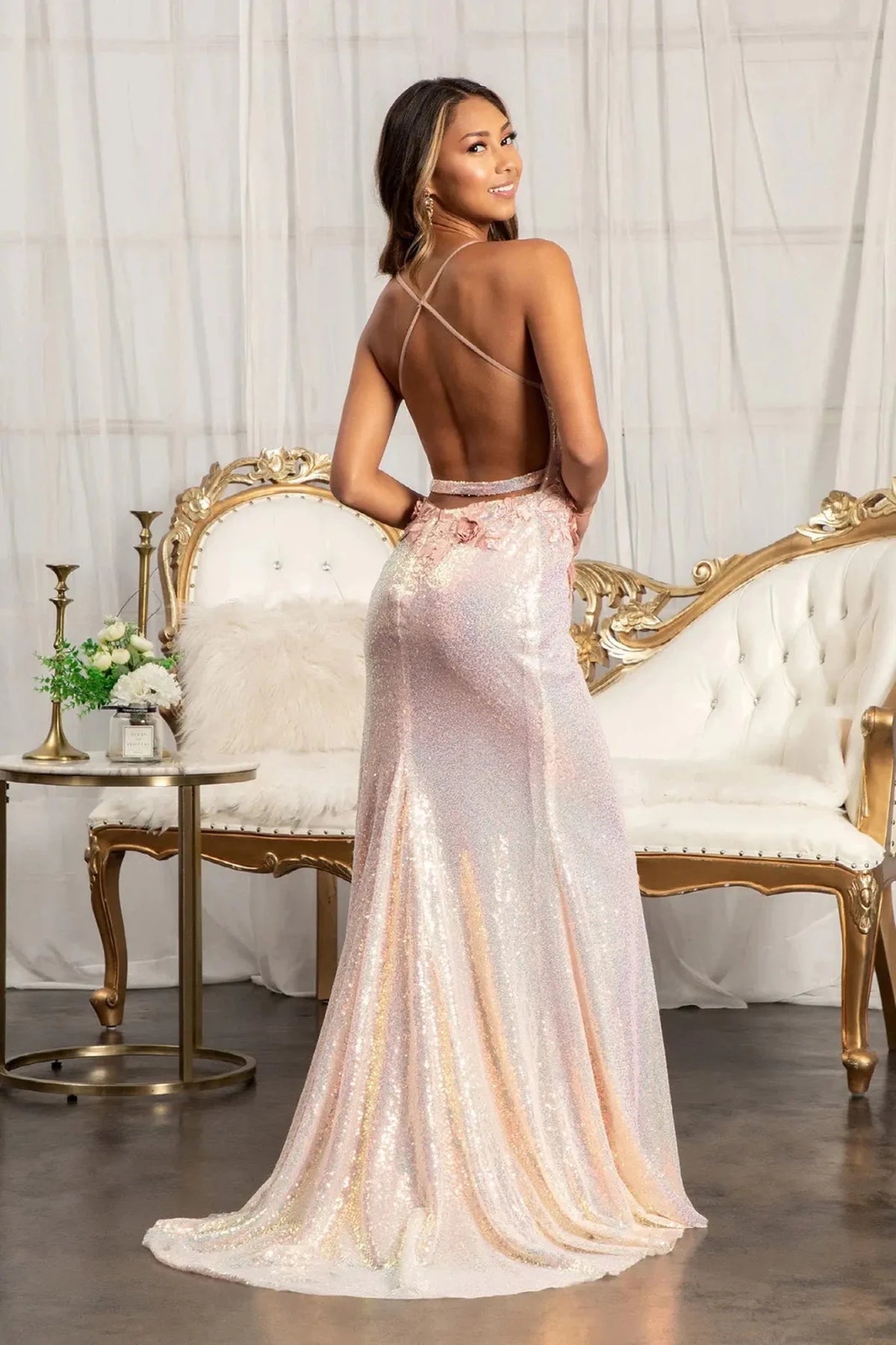 Rose Gold prom evening dress full back with open back