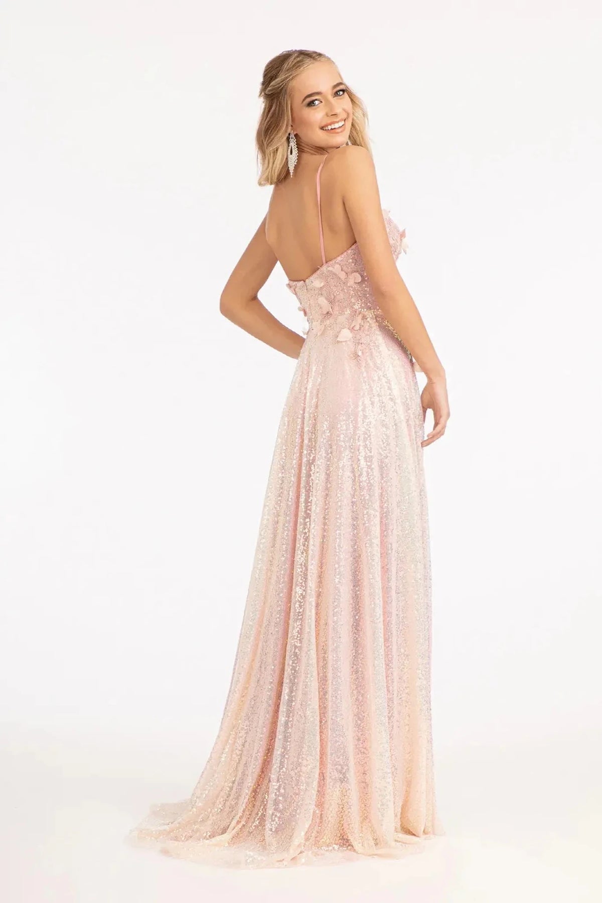 Rose Gold prom evening dress full back with open back