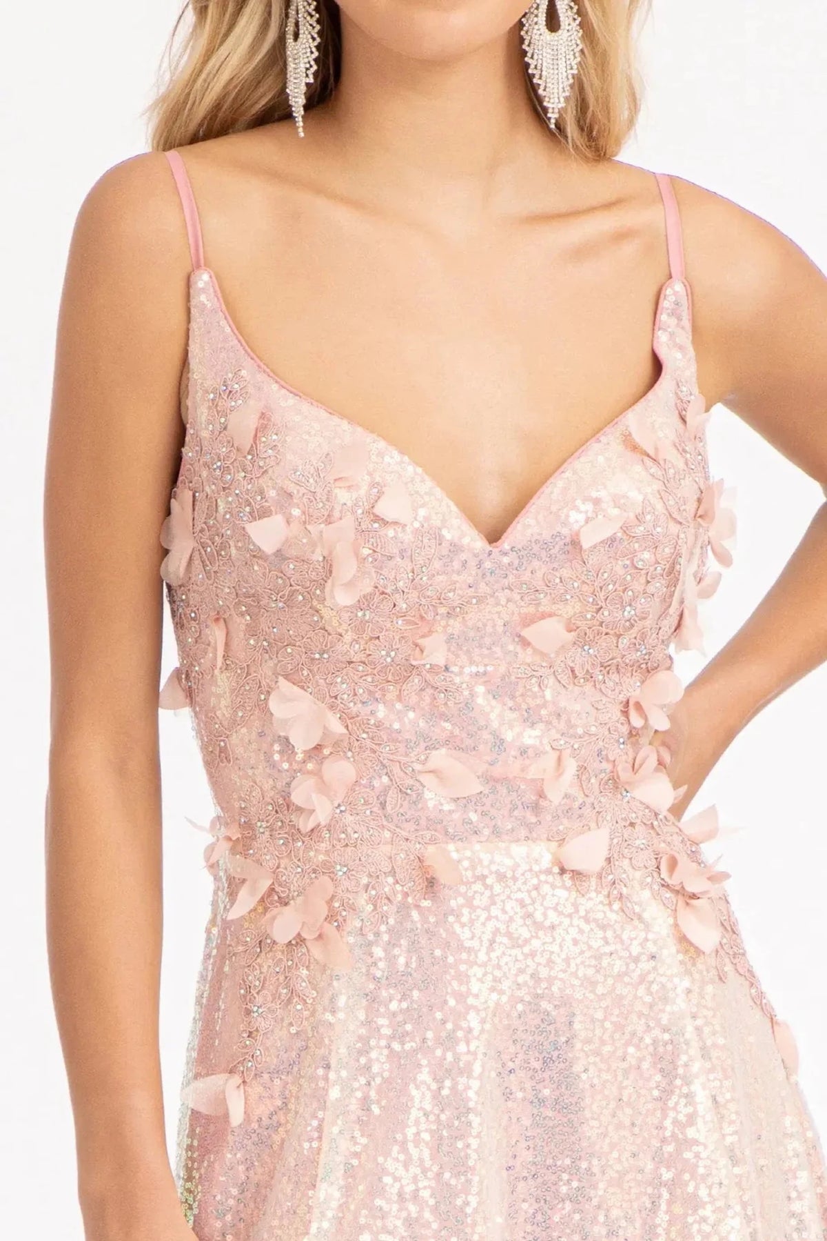 Rose Gold v-neck prom evening dress upper front with applique, jewel, sequin