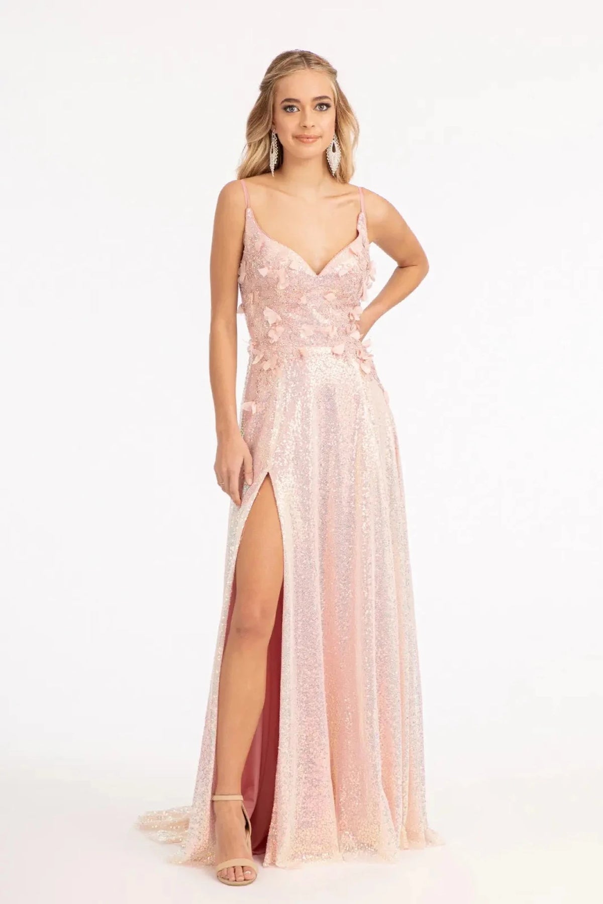 Rose Gold prom evening dress spaghetti strap bodice detail