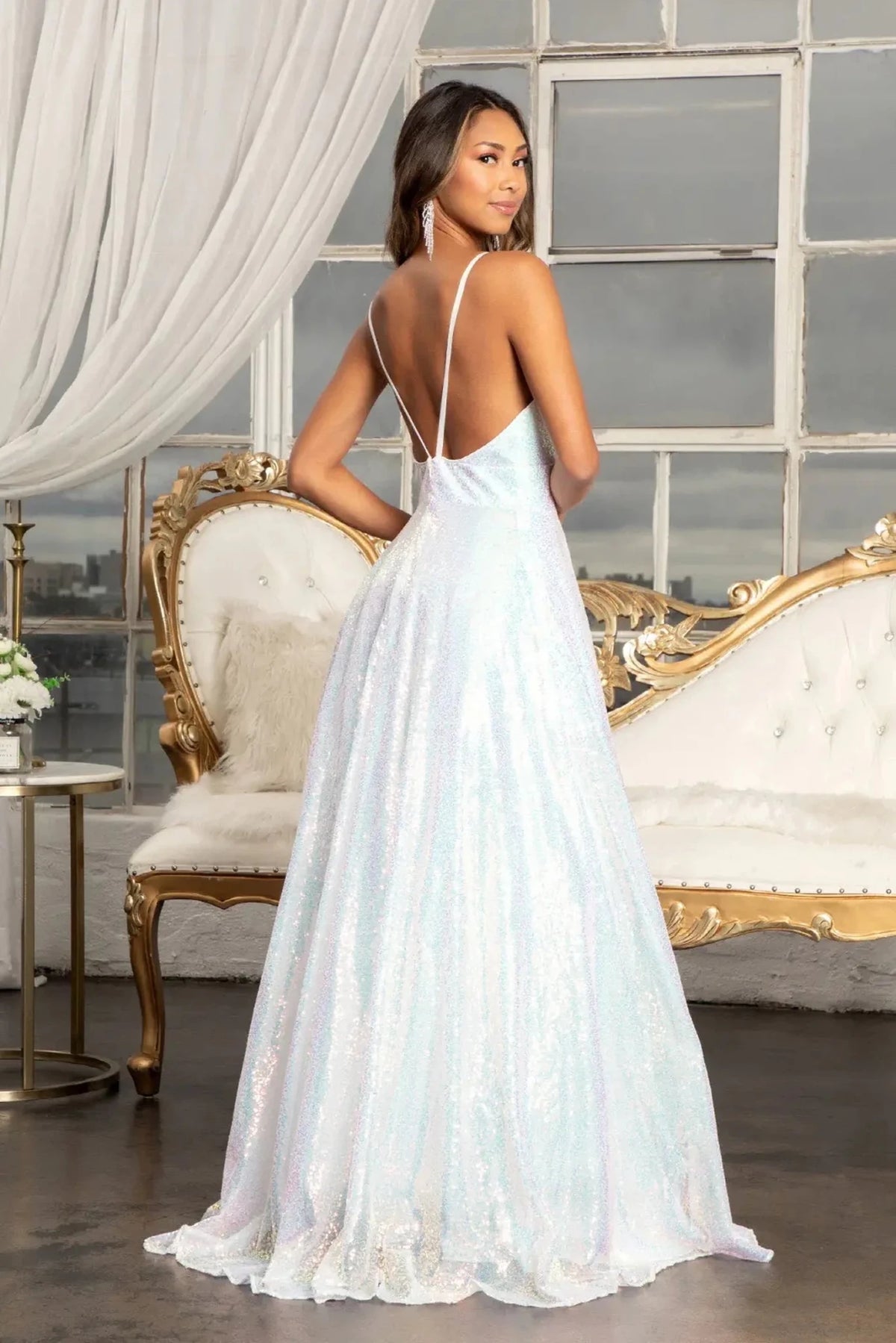 White prom evening dress full back with open back
