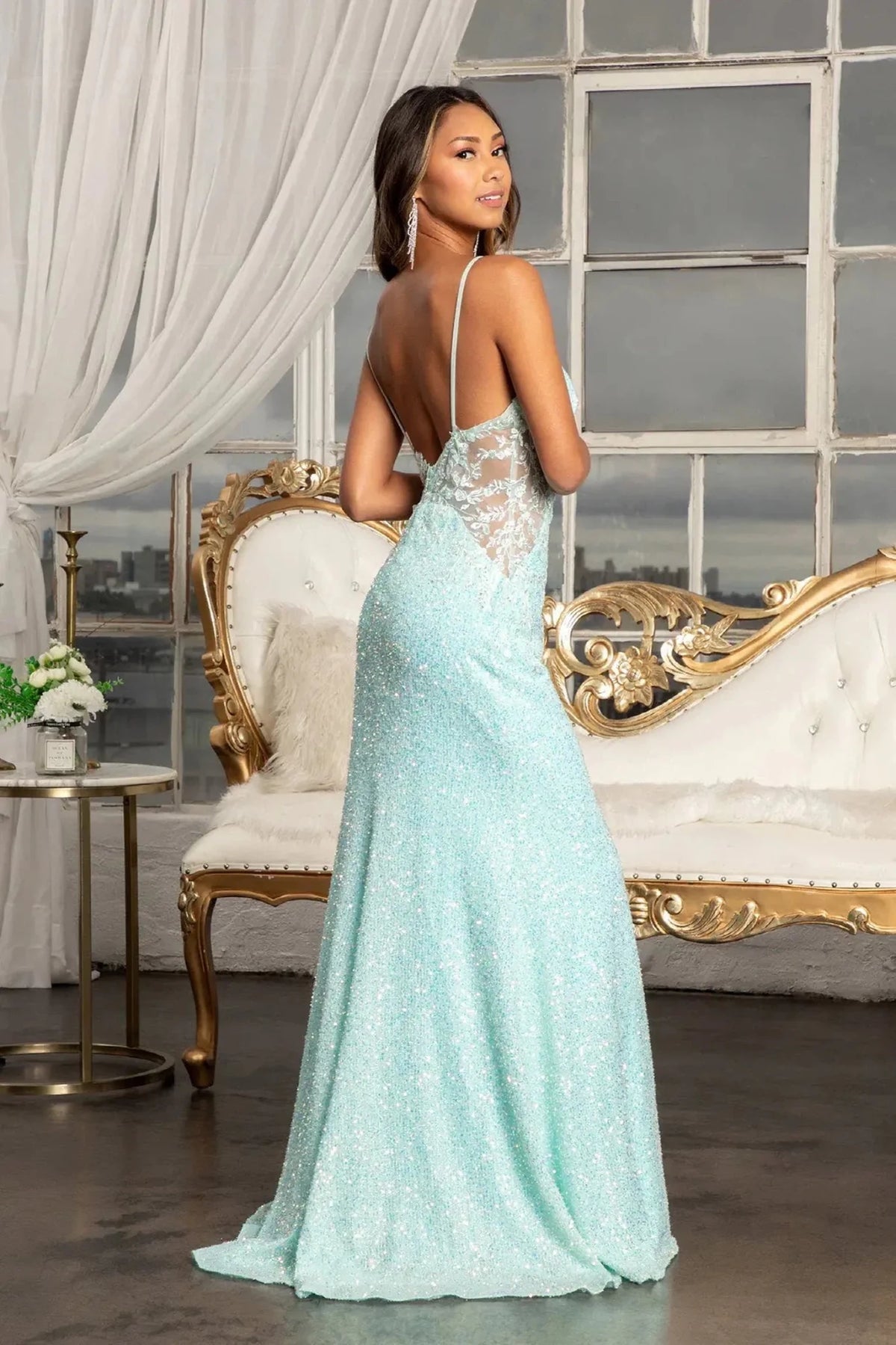 Aqua prom evening dress full back with open back