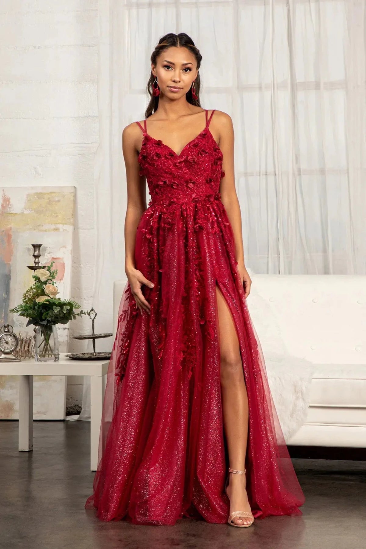Burgundy appliqué prom evening dress full front