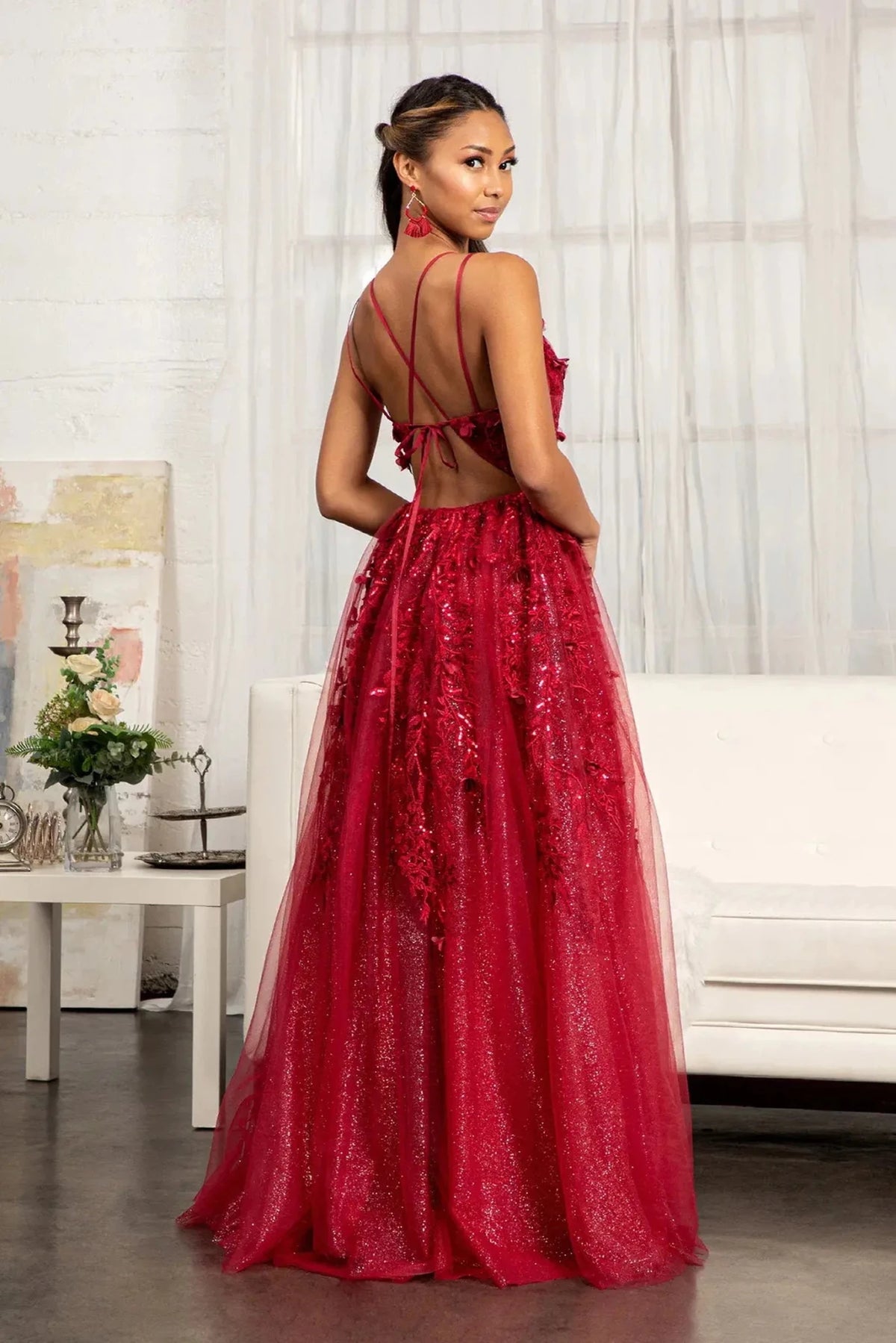 Burgundy prom evening dress full back with back detail