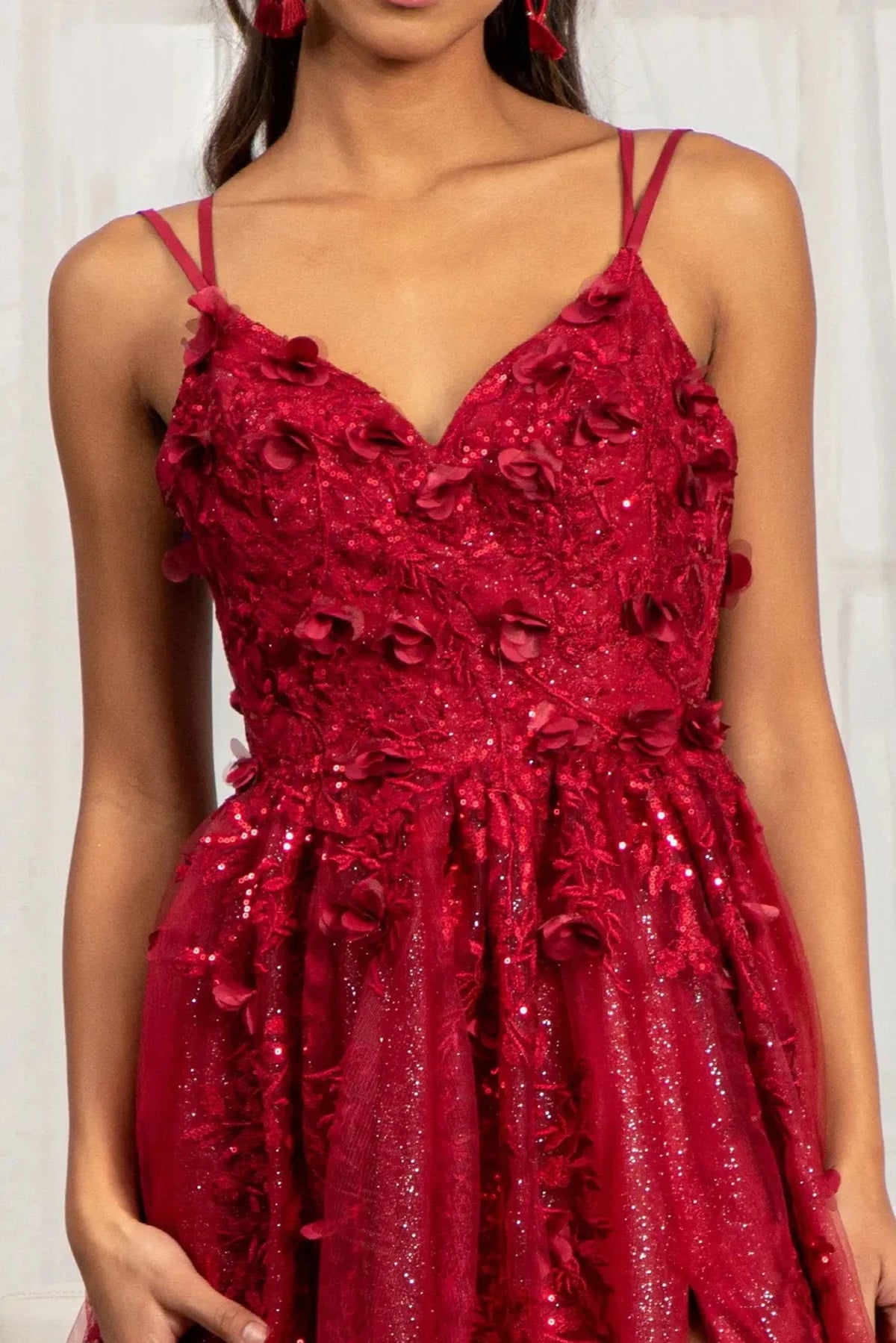 Burgundy prom evening dress a-line skirt detail