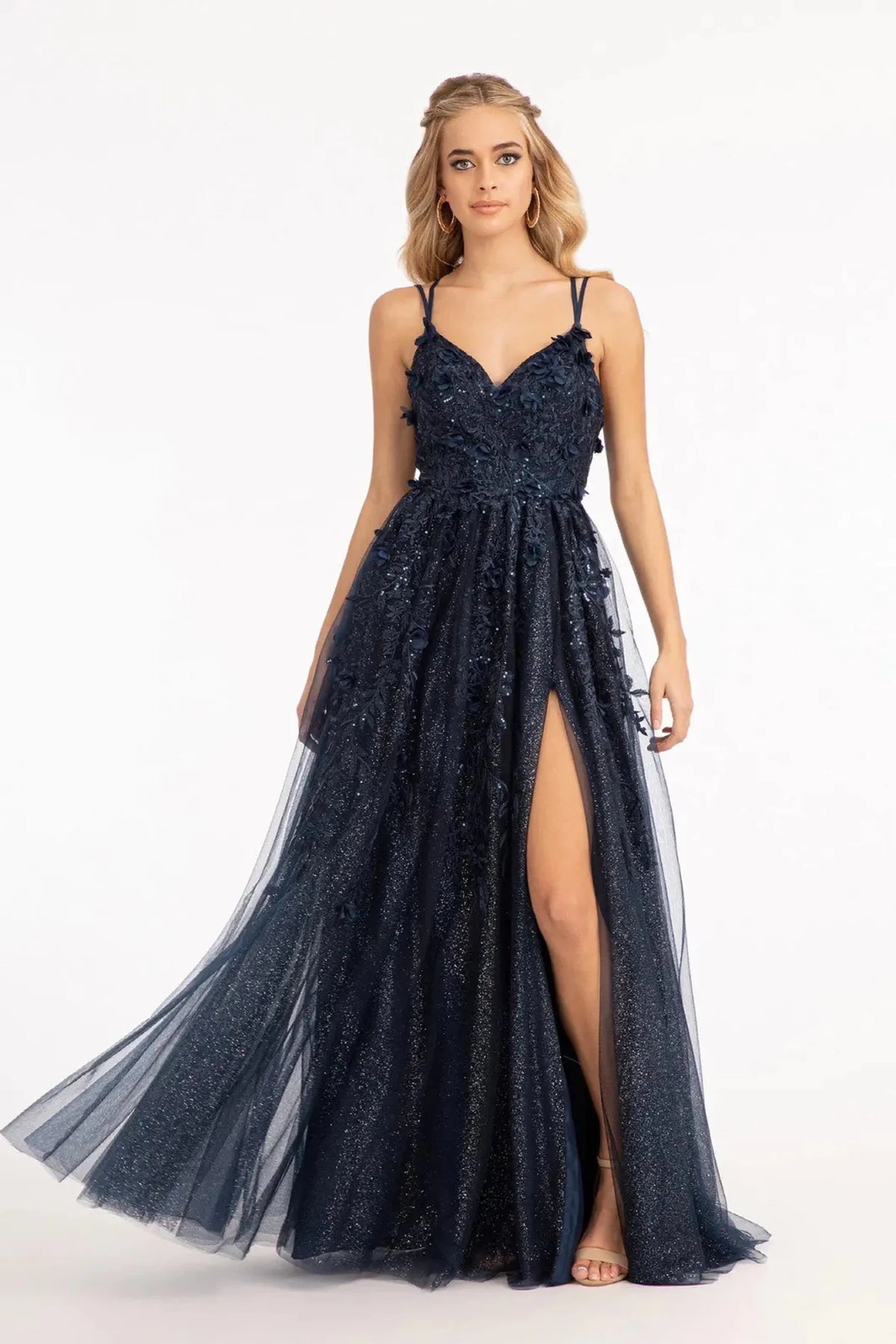 Navy appliqué prom evening dress full front