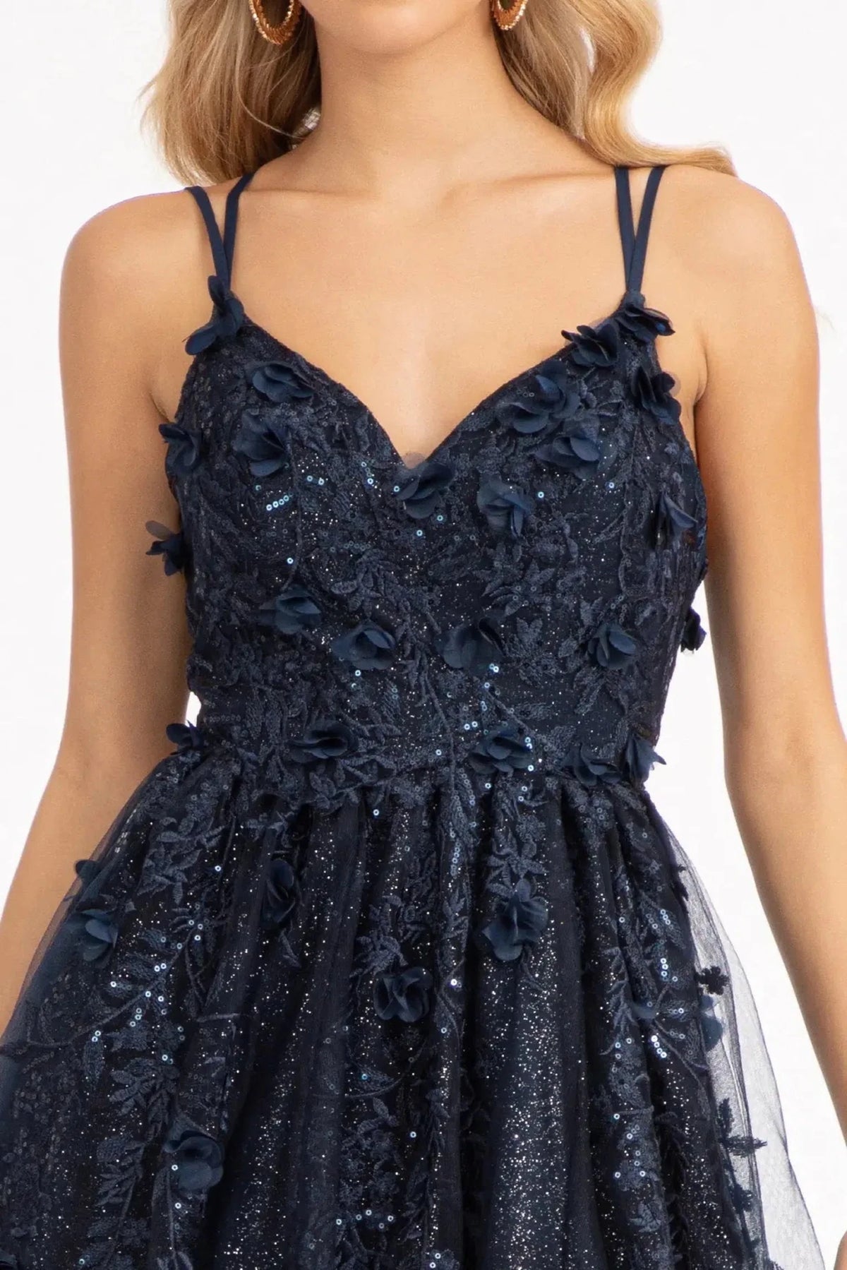Navy sweetheart prom evening dress upper front with applique, embroidery, glitter, sequin