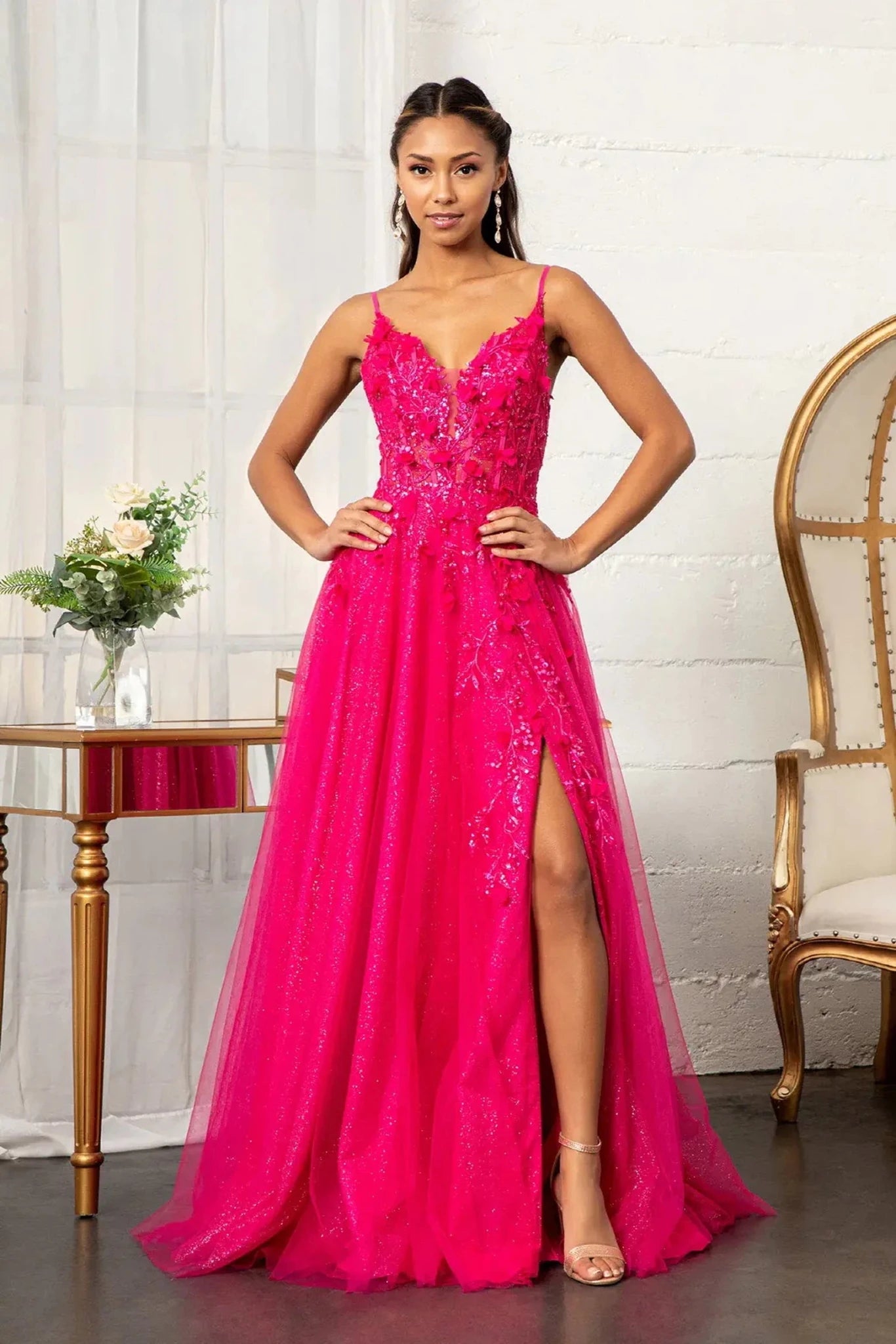Fuchsia 3d floral corset mother of the bride dress full front view