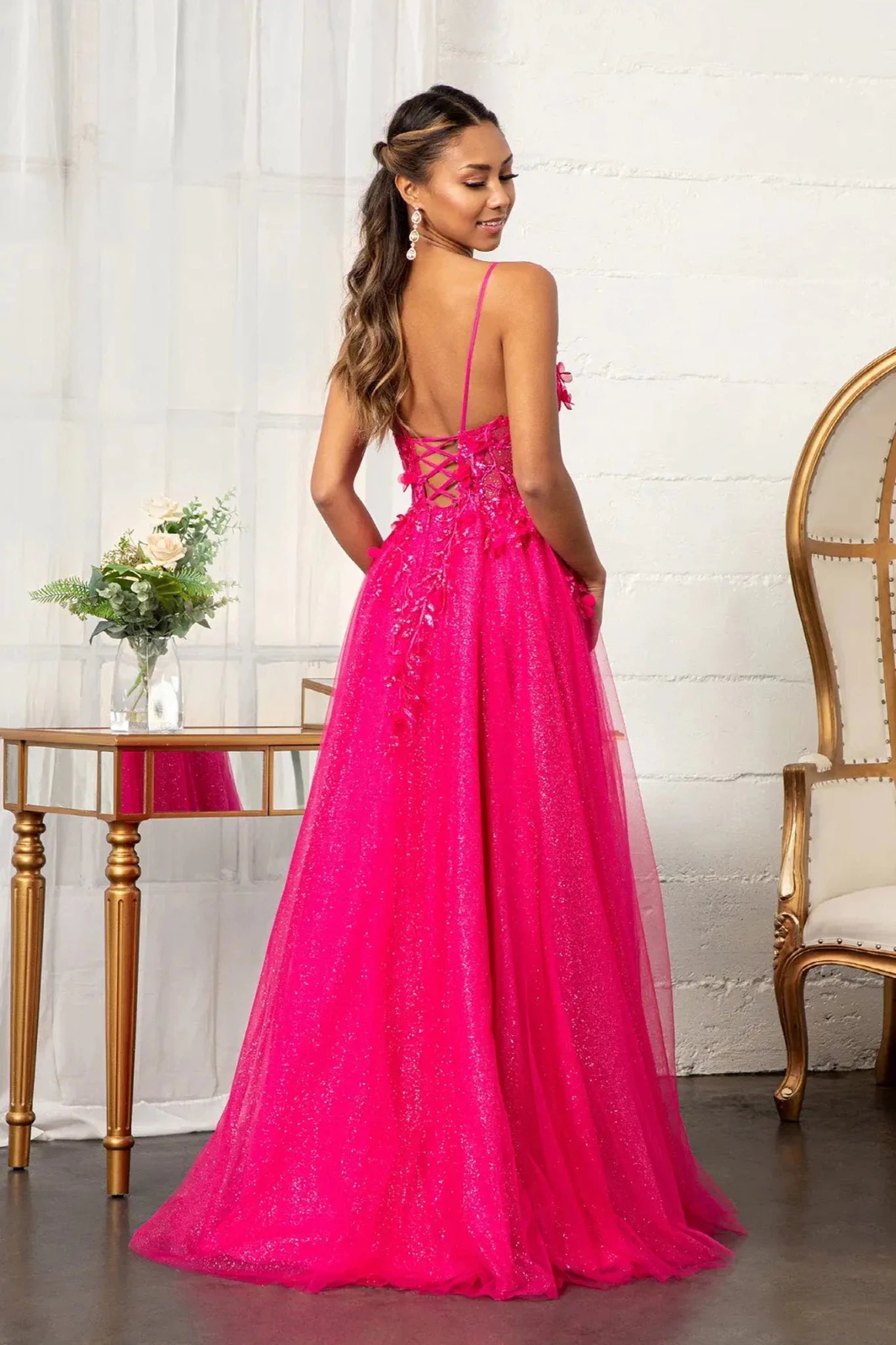 Fuchsia 3d floral corset mother of the bride dress full back view
