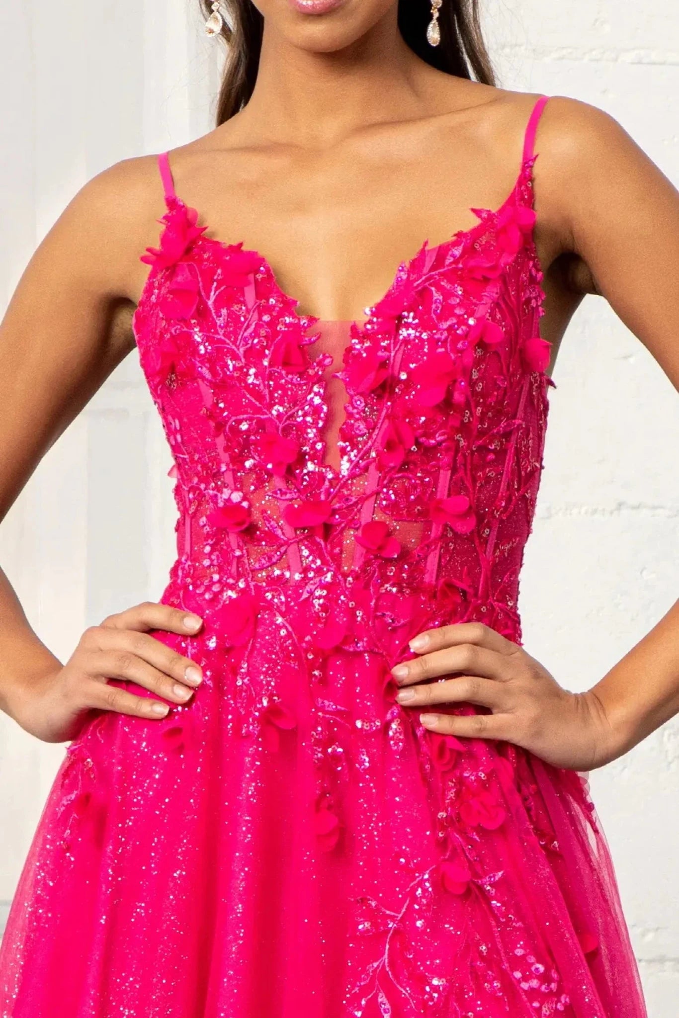 Fuchsia 3d floral corset mother of the bride dress front bodice view
