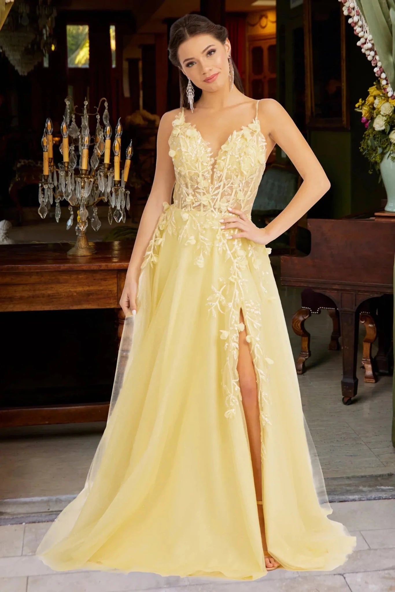Yellow 3d floral corset mother of the bride dress full front view