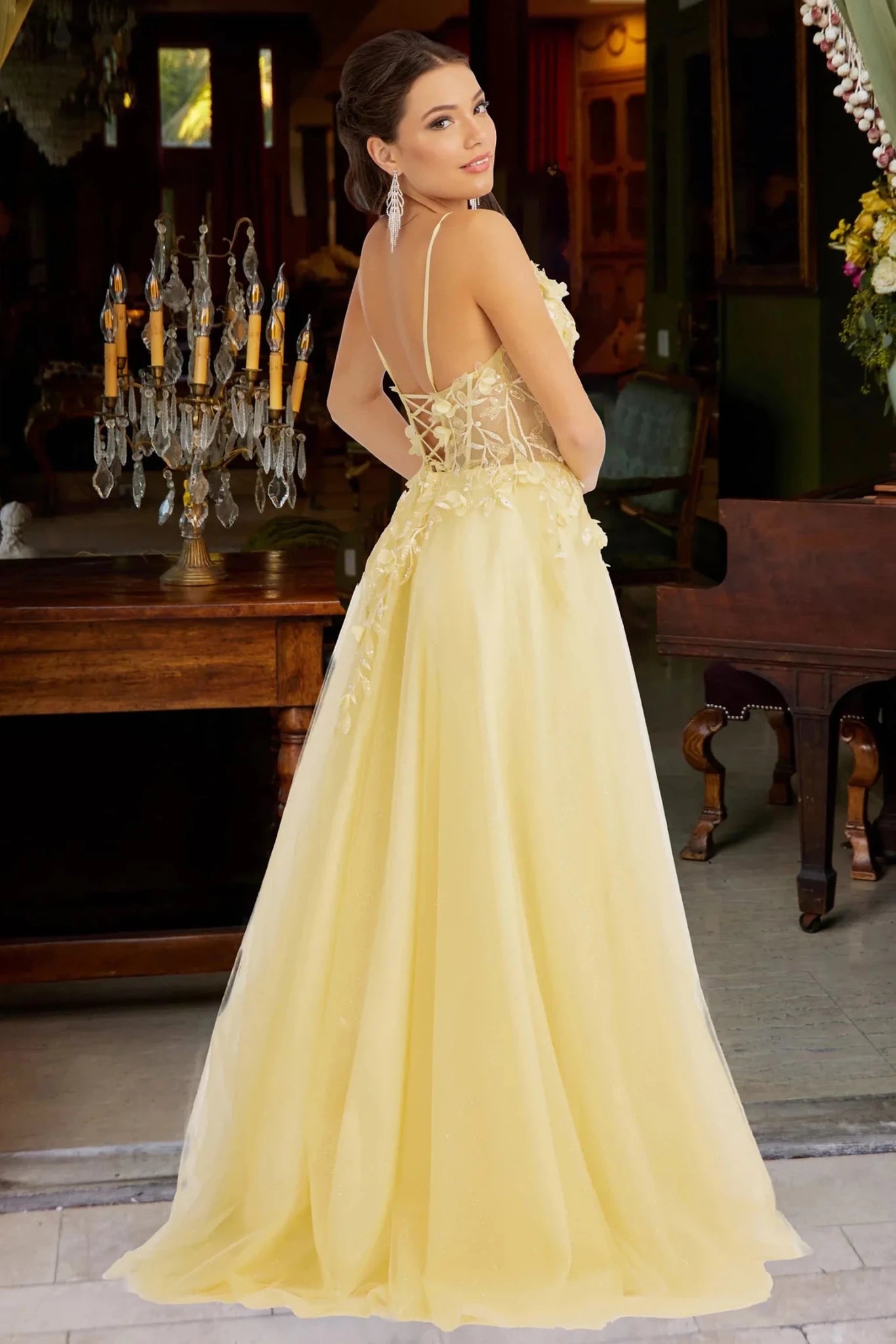 Yellow 3d floral corset mother of the bride dress full back view