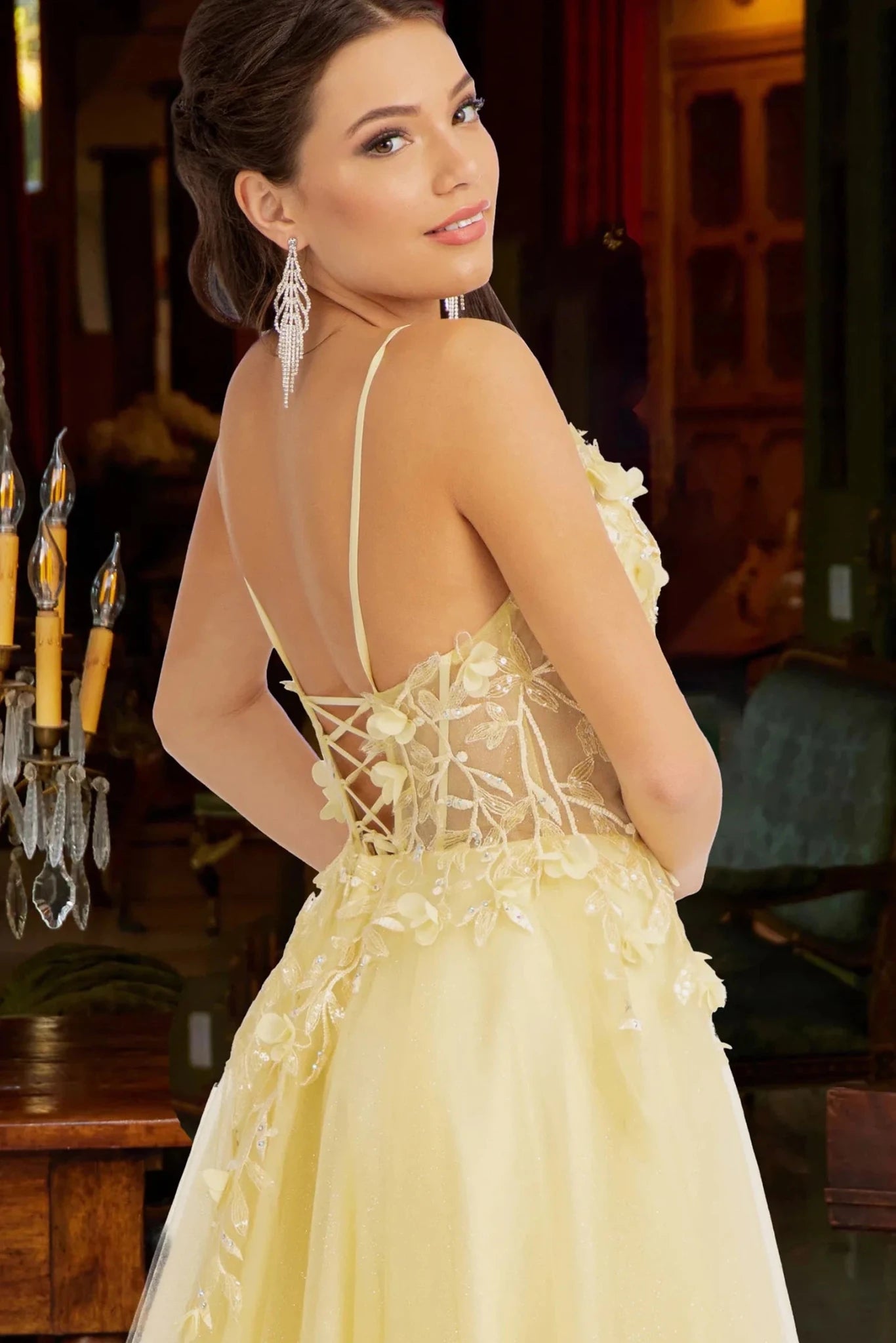 Yellow 3d floral corset mother of the bride dress dress detail view