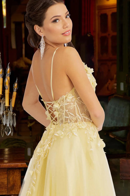 Detailed view highlights yellow 3d floral corset mother of the bride dress.