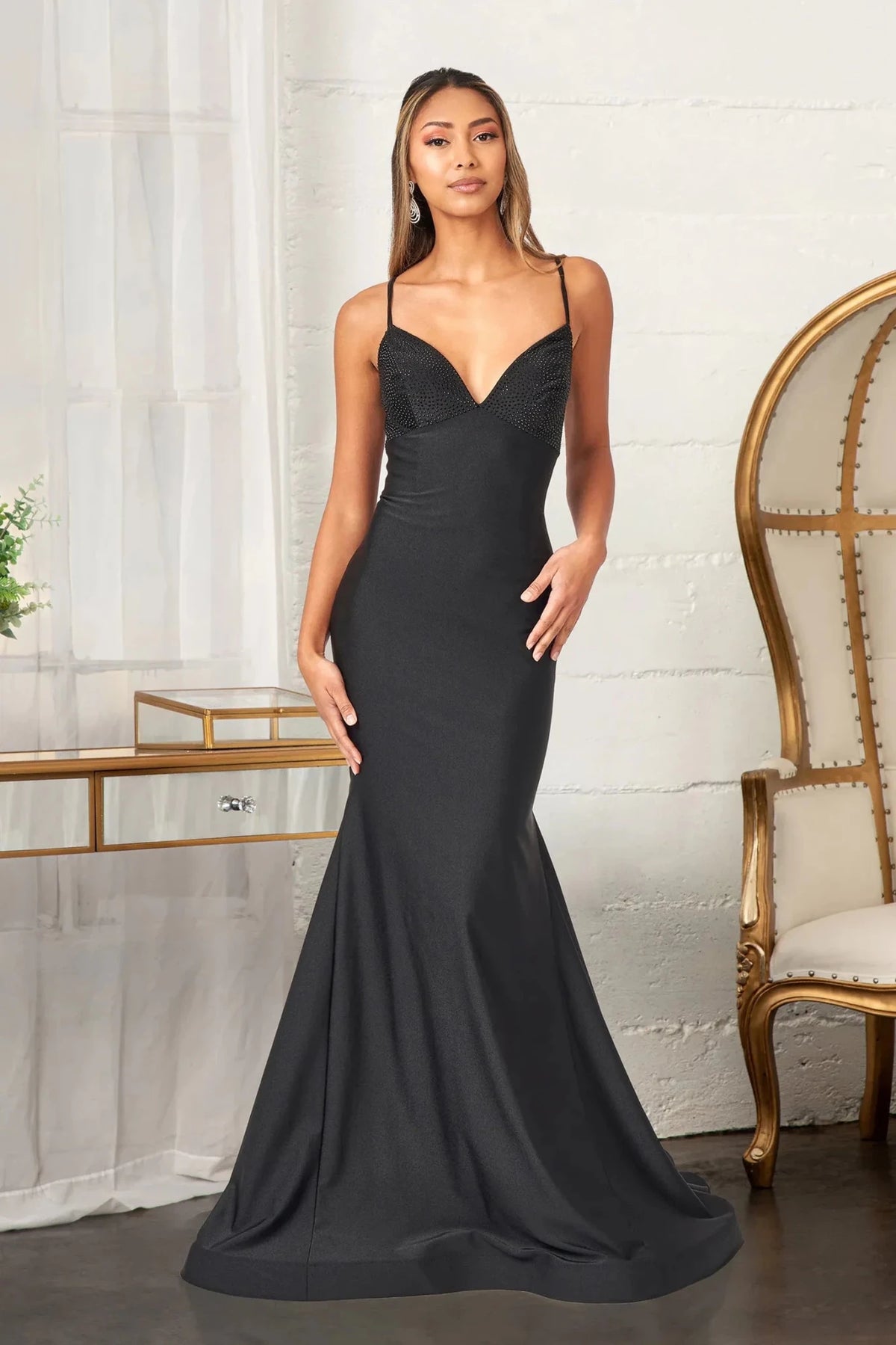 Black beaded prom evening dress full front