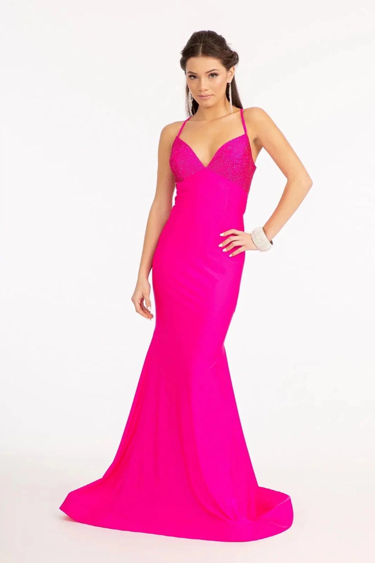 Fuchsia beaded prom evening dress full front