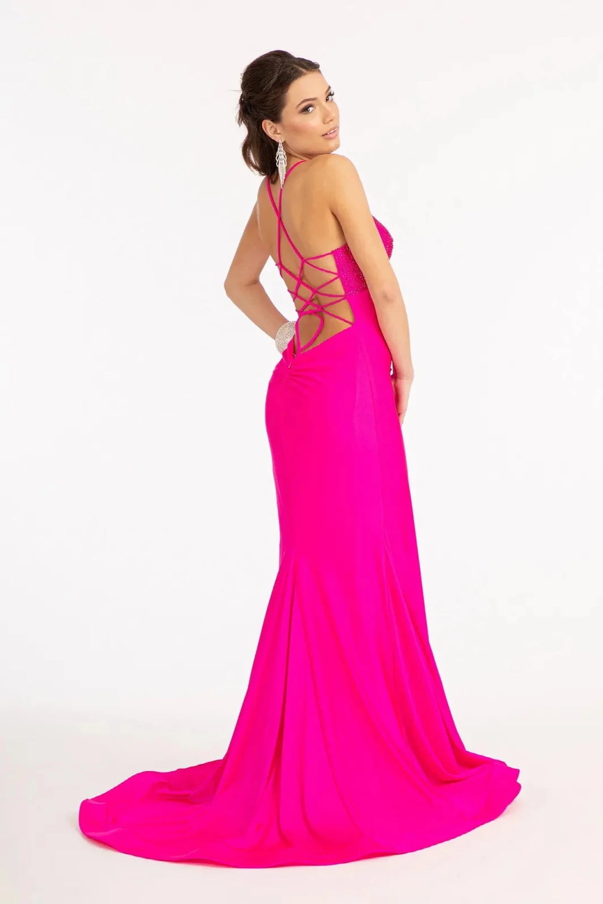 Fuchsia prom evening dress full back with lace-up back